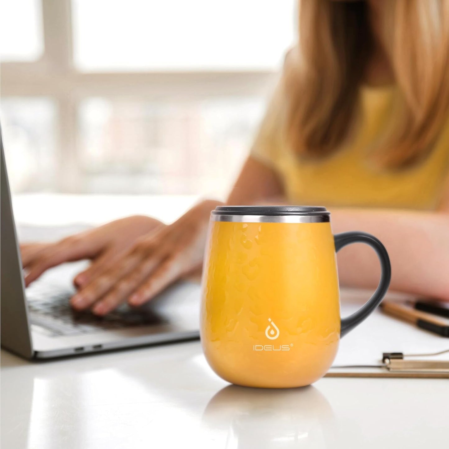 Ideus 16 oz Insulated Coffee Mug with Handle and Lid, Double Wall Stainless Steel Vacuum Thermal Coffee Mug, Travel Coffee Cup Thermal Cup for Home and Office, Leopard Yellow