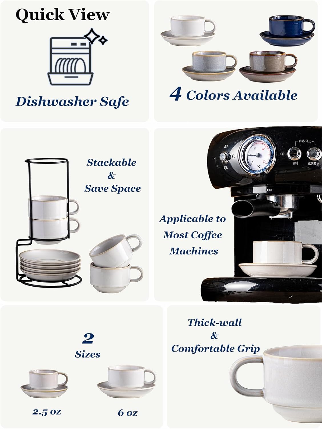 Gomakren 6 Ounce Cappuccino Cups with Saucers and Metal Stand, Stackable Coffee Cup Set of 4, Porcelain Espresso Cups for Coffee Drinks, Cappuccino, Latte, Americano, Tea, White