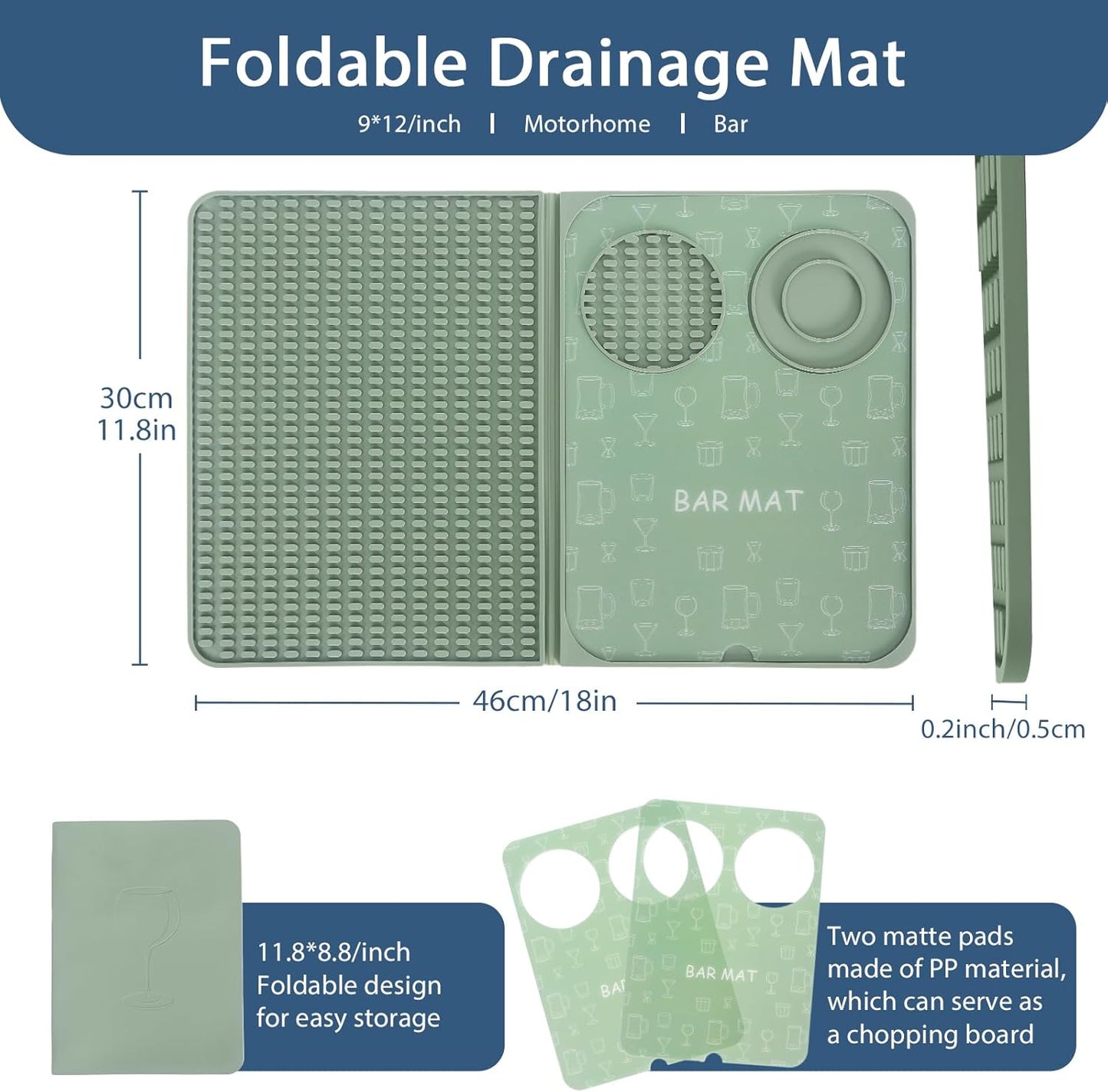 Foldable Bar Mat 18x12 inch - 3-in-1 Silicone Drying Mat with Removable Cutting Board & Rim Tray | Countertop Protector for Home, Outdoor, Travel | Professional Cocktail Accessories (green)