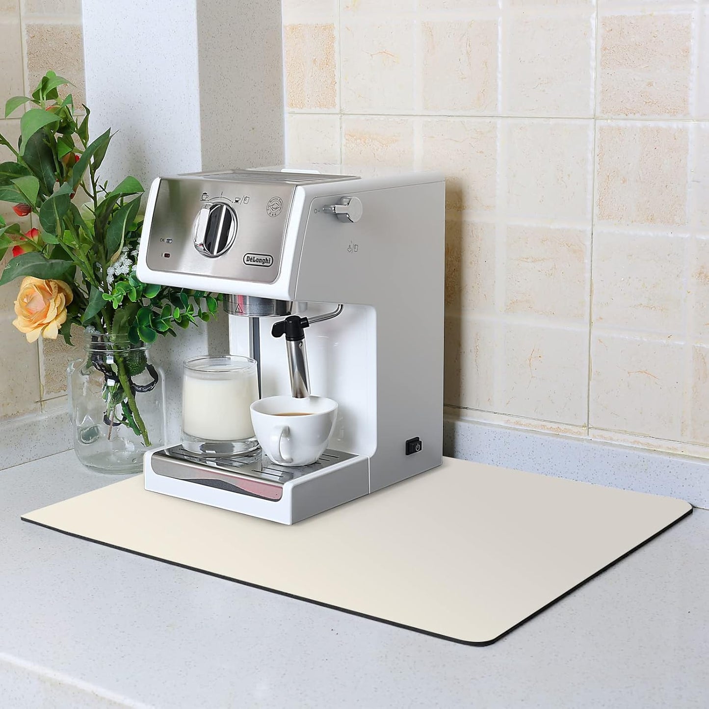 ZLR Coffee Mat - 16" x 20" Large Kitchen Hide Stain Absorbent Dish Drying Mat for Countertop - Easy to Clean Coffee Bar Mat for Espresso Machine and Spill Protection - Creamy