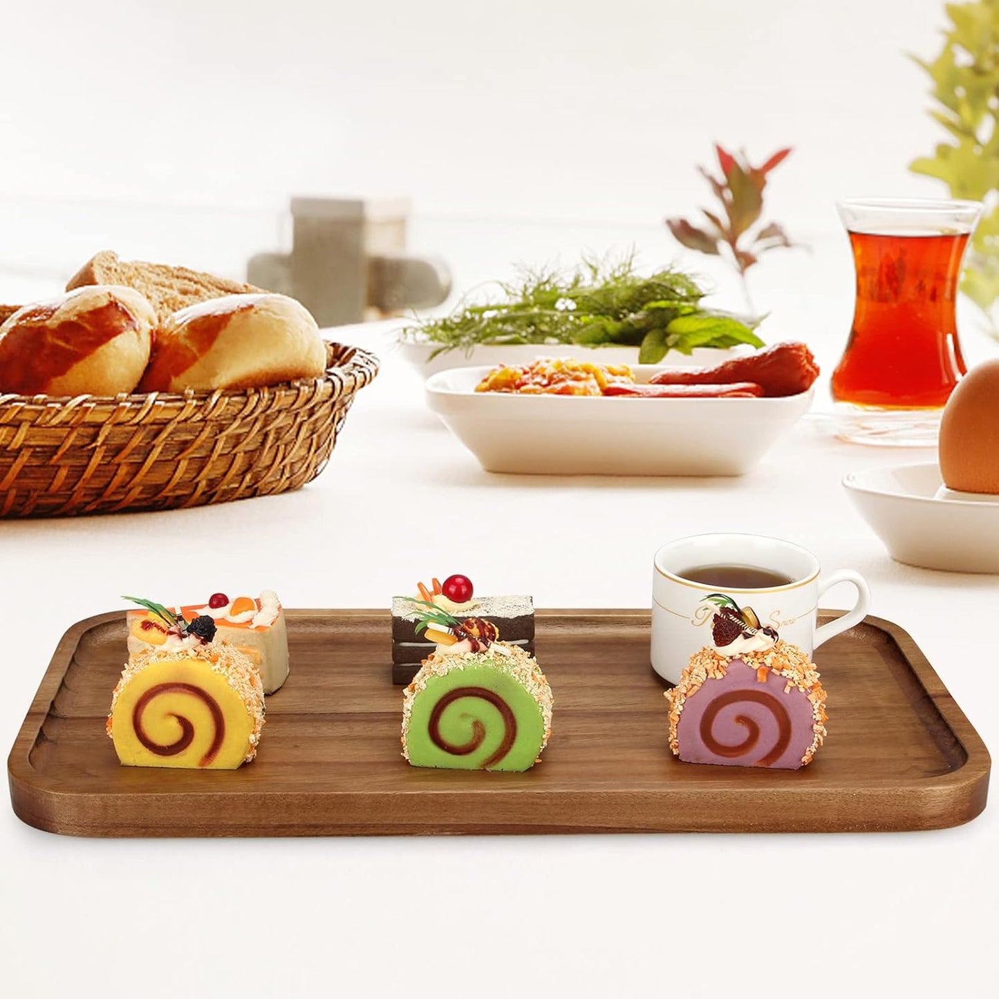 16" x 8" Large Wooden Serving Tray for Decor Party Charcuterie Boards Rectangular Acacia Wood Dessert Platters Rectangle Cake Dessert Plates Food Cheese Platter Board Snack Kitchen Dishes Tray