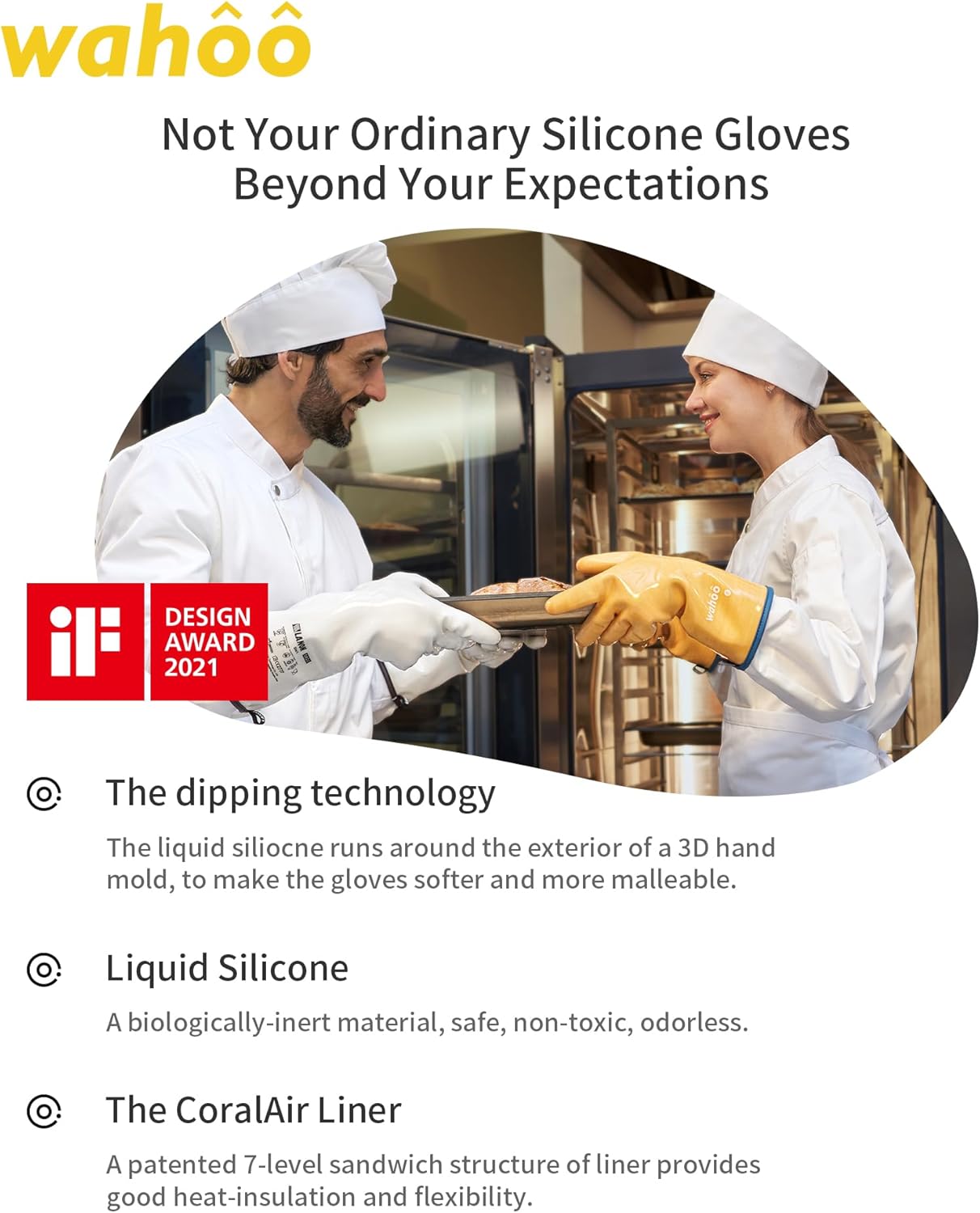 wahoo Professional Liquid Silicone Oven Mitts Gloves, Heat Resistant Gloves for Cooking, Baking, CoralAir Liner, 12 Inch, Yellow, XXL