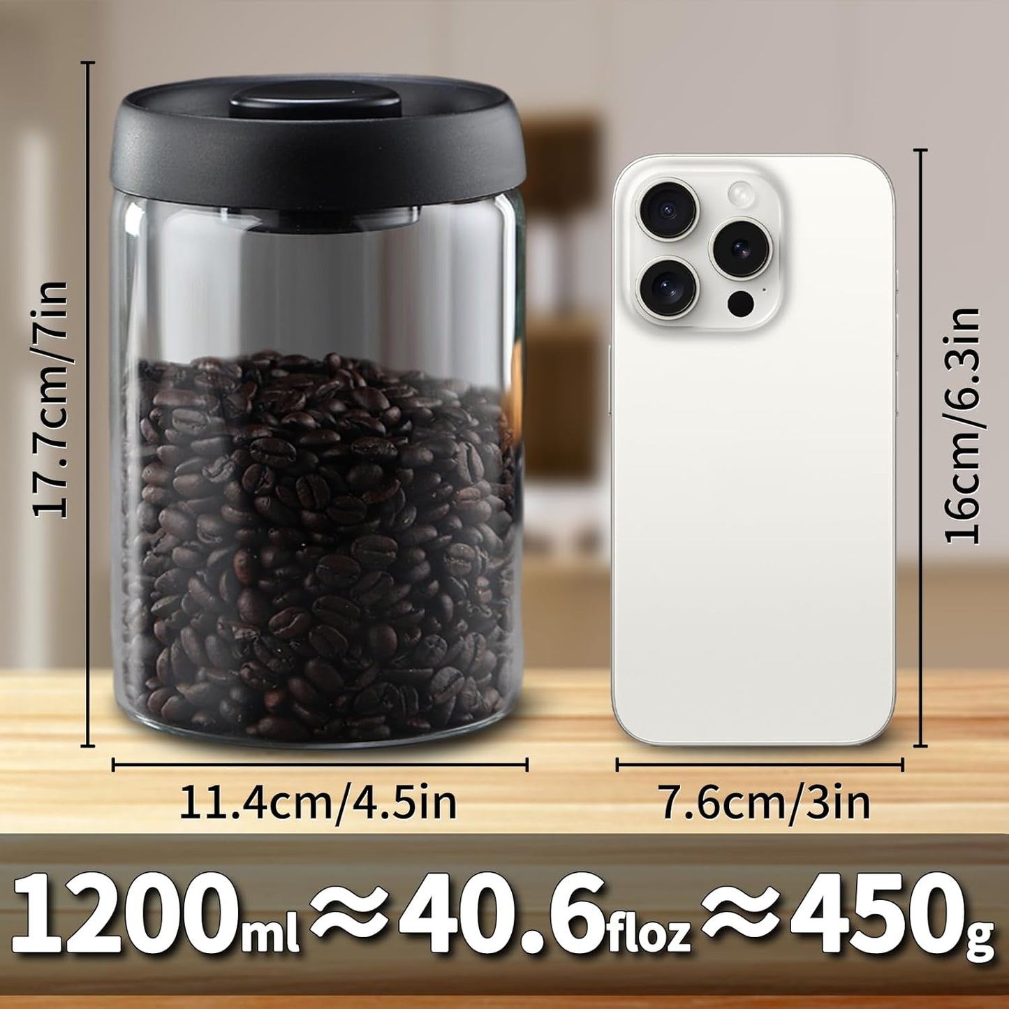 Vacuum Coffee Canister, 40.6floz Grey Glass Coffee Bean Storage,Perfect for Coffee Beans,Loose Tea,Candy,Sugar,Nuts,Spices (1200ML)