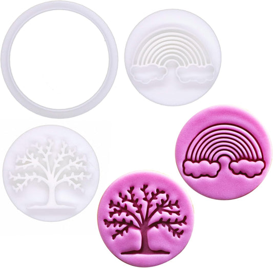 BAKERLOGY New Beginnings - Mini 2" Cookie Cutter & Stamp Set - Rainbow & Lush Tree Design for Easter & Spring Cookies, Cupcakes & Fondant Decorations