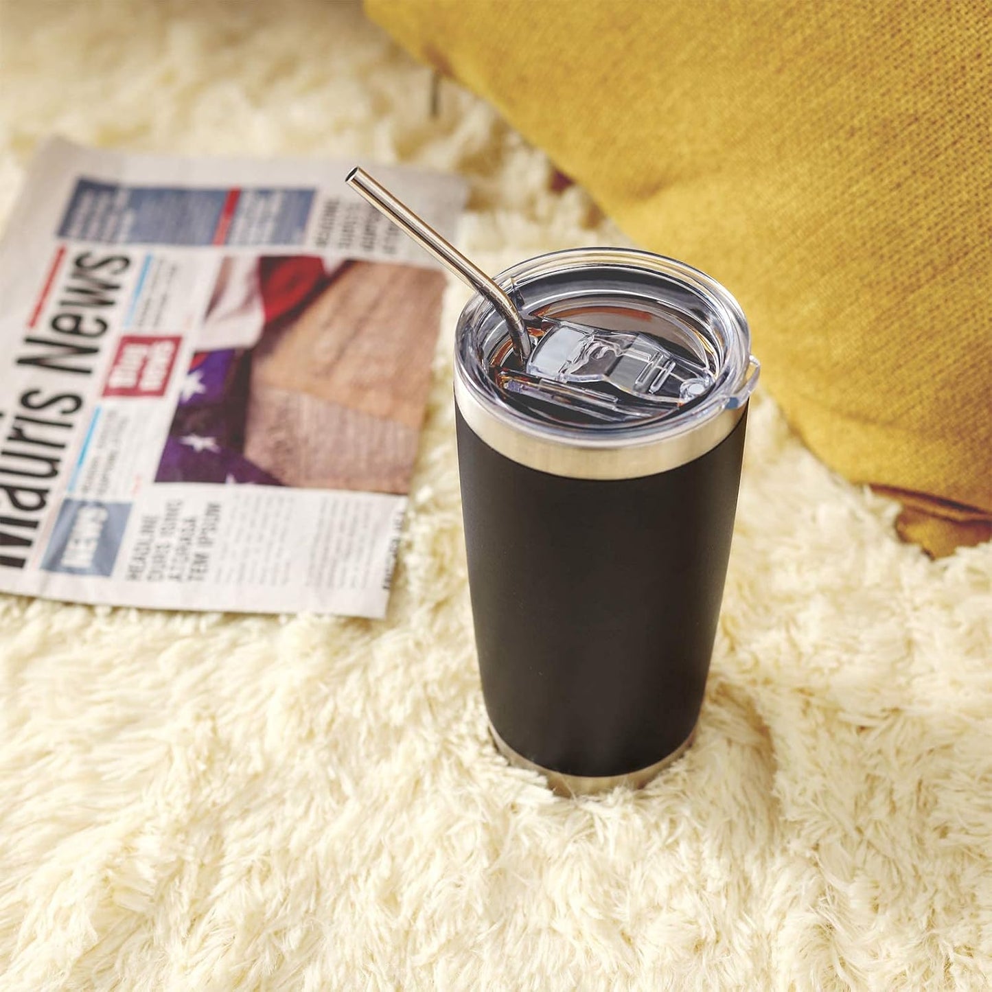 COMOOO 20oz Black Tumbler 4 Pack Stainless Steel Insulated Travel Mug with Lid and Straw Vacuum Double Wall Coffee Cup for Hot Beverage and Cold Drinks(Black, 4 Pack)