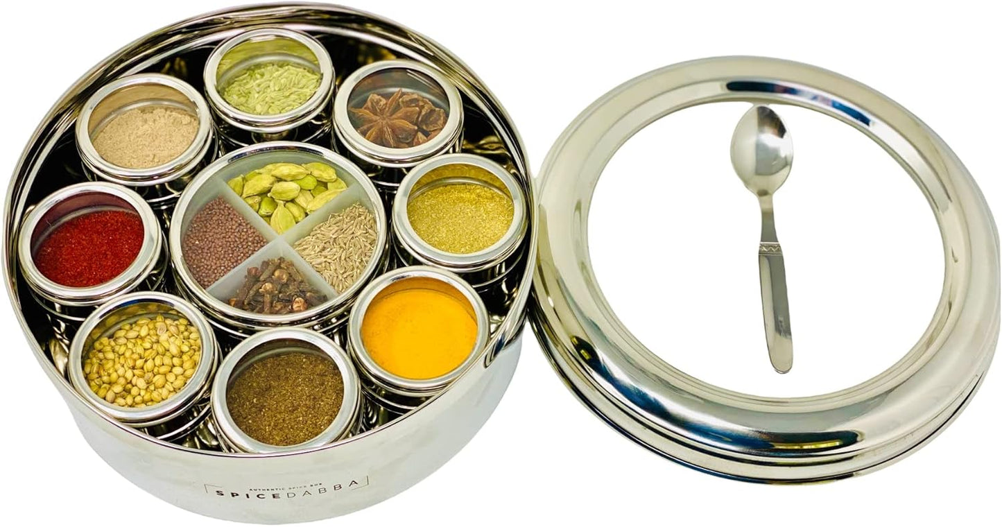 spice dabba Stainless Steel Indian Spice Box, Steel Masala Dabba 12 Spices, Lid Spice Box, Authentic Spices, Masala Box with Individual containers | Size 9 x 9 x 3 IN (Indian Spice Box Only)