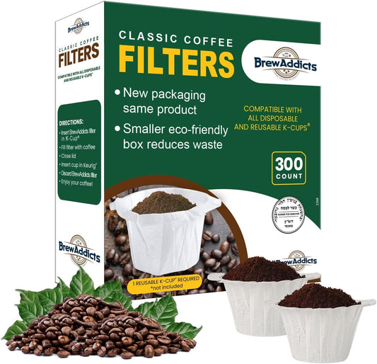 300 Paper Coffee Single-Use Filters for Keurig Brewers and Compatible with K-Cup Pods 1.0 & 2.0 Models, White Classic Design