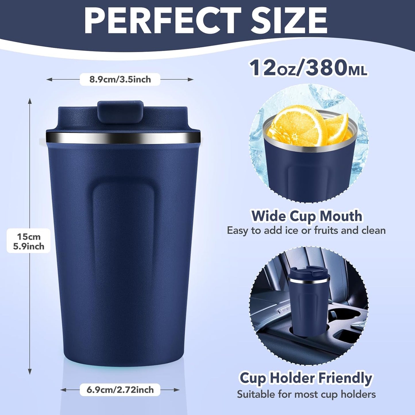 Volhoply 12 oz Double Wall Insulated Vacuum Travel Coffee Mug with Flip Lid,Reusable Stainless Steel Leak Proof Coffee Cup,Portable Iced Cafe Thermal Tumbler Suitable for Hot & Cold Drinks(Navy,1 Set)