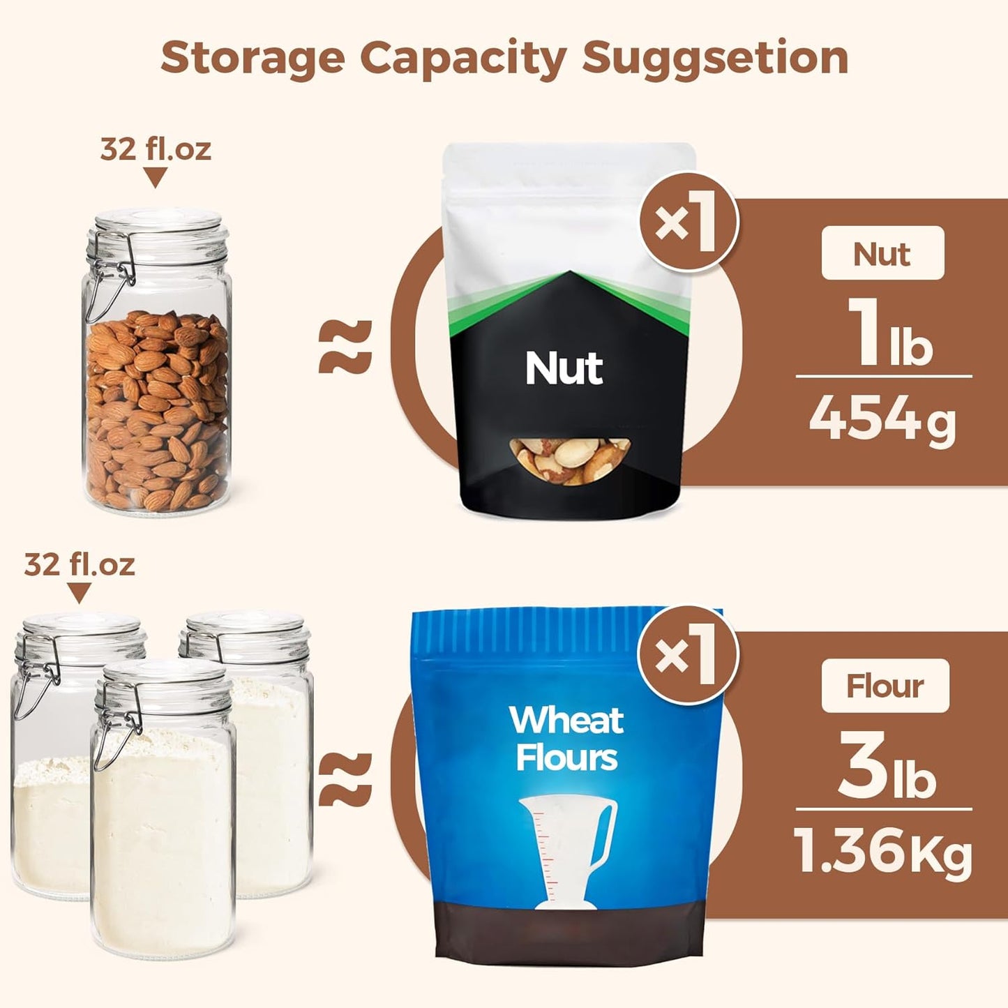 ComSaf Glass Jars with Airtight Lid Set of 3, Mason Jars 32 oz, Pickling Jar, Canning Jar 32oz, 32 oz Glass Containers with Lids for Kitchen, Pickle, Flour, Cereal, Pasta, Sugar, Herb