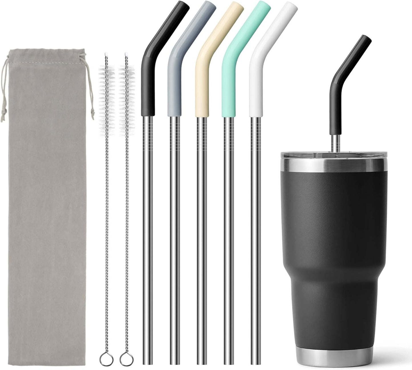 Metal Straws for 30 oz Yeti Tumbler, 5 Pcs Reusable Stainless Steel Straws with Silicone Tip for BJPKPK, RTIC, WETOWETO, Beast 30 oz Tumbler, Cleaning Brush, 1 Portable Bag