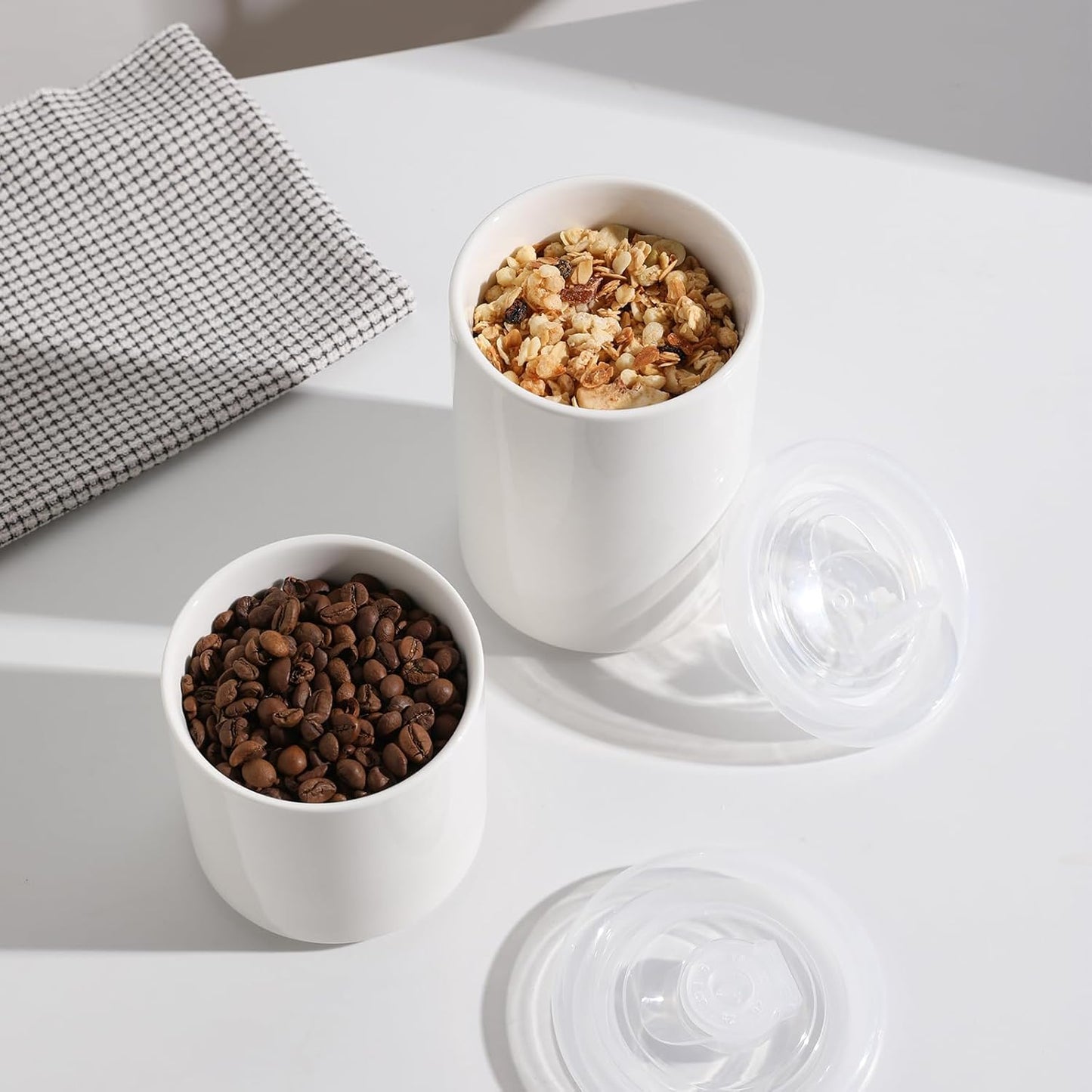 Sweejar Ceramic Food Storage Jar, Salt Container with Airtight Plastic Lid & Date Tracker, 28 Oz Kitchen Canisters for Flour, Rice, Sugar, Coffee, Spices, Pantry Organization (White)