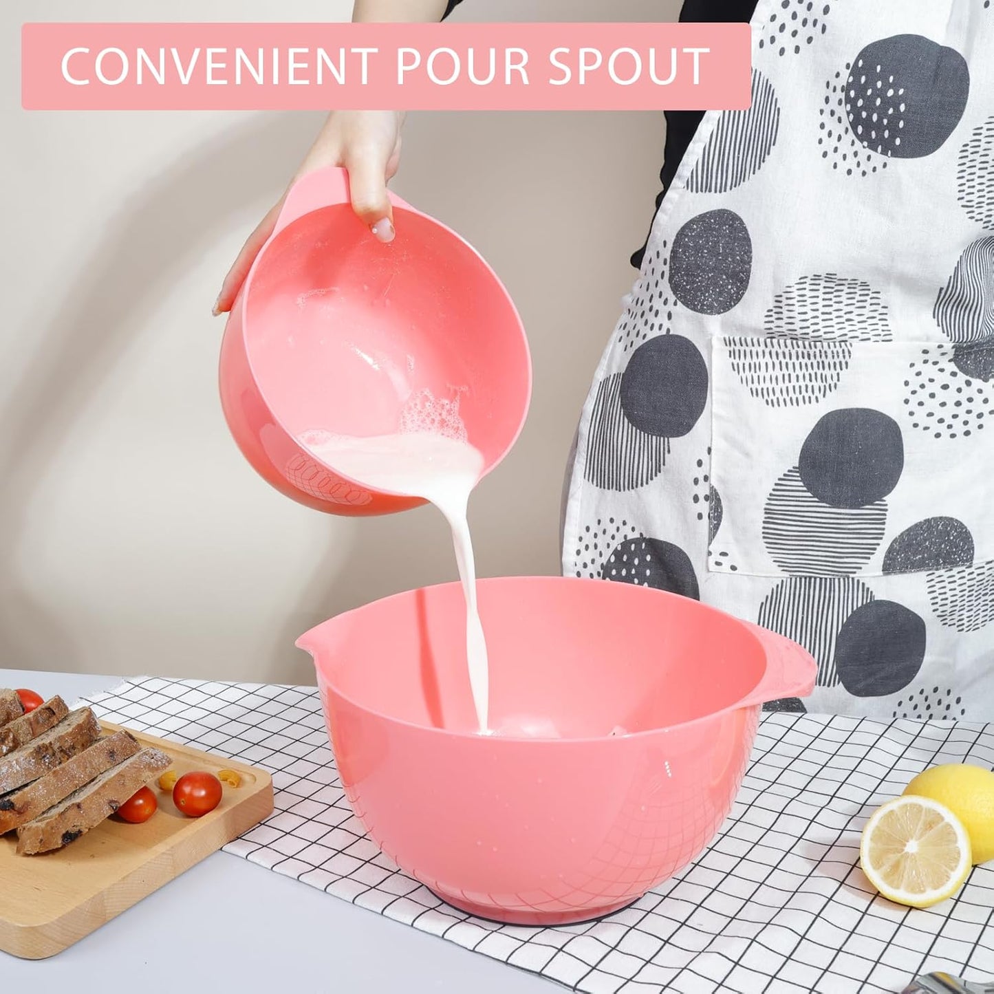 BoxedHome 4 Quart Large Plastic Mixing Bowls, Microwave Safe Mixing Bowl Set with Pour Spout, Nesting Bowls for Space Saving Storage(Candlelight Peach)