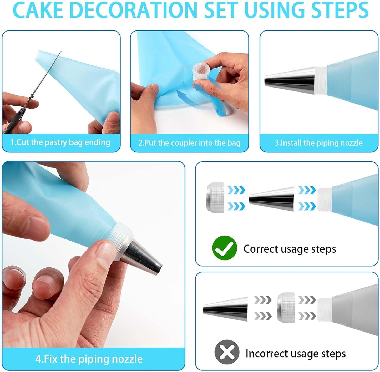 34-Piece Cake Decorating Kit – Piping Bags and Tips Set with 24 Stainless Steel Tips, 2 Reusable Silicone Piping Bags, 3 Smoothers, 2 Couplers, 2 Bag Ties, and 1 Brush for Baking & Cake Decorating