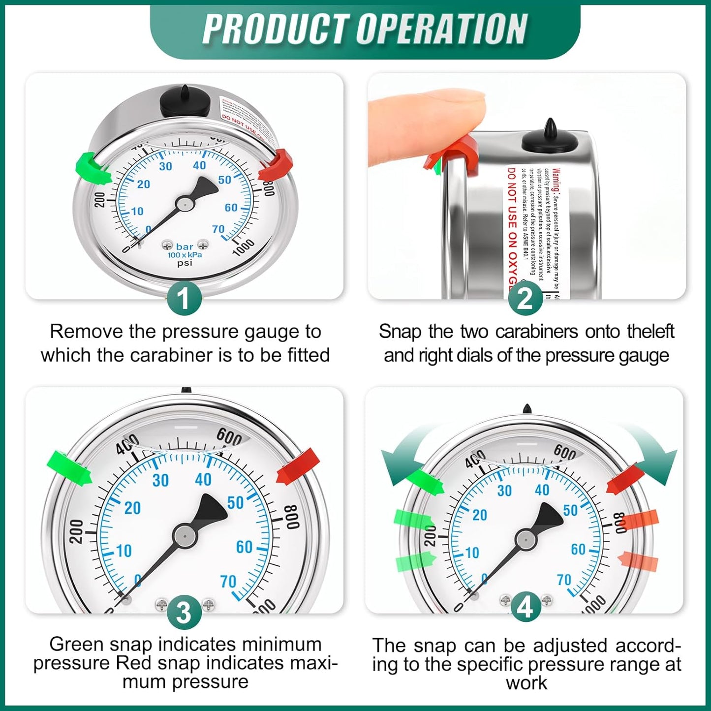 0-1000PSI Stainless Steel Liquid Filled Pressure Gauge, 2.5" Dial Size, 1/4" NPT Lower Mount, for Tube, Water Pump, Gas, Liquid, Pressure Test (with Range Mark Pointer)
