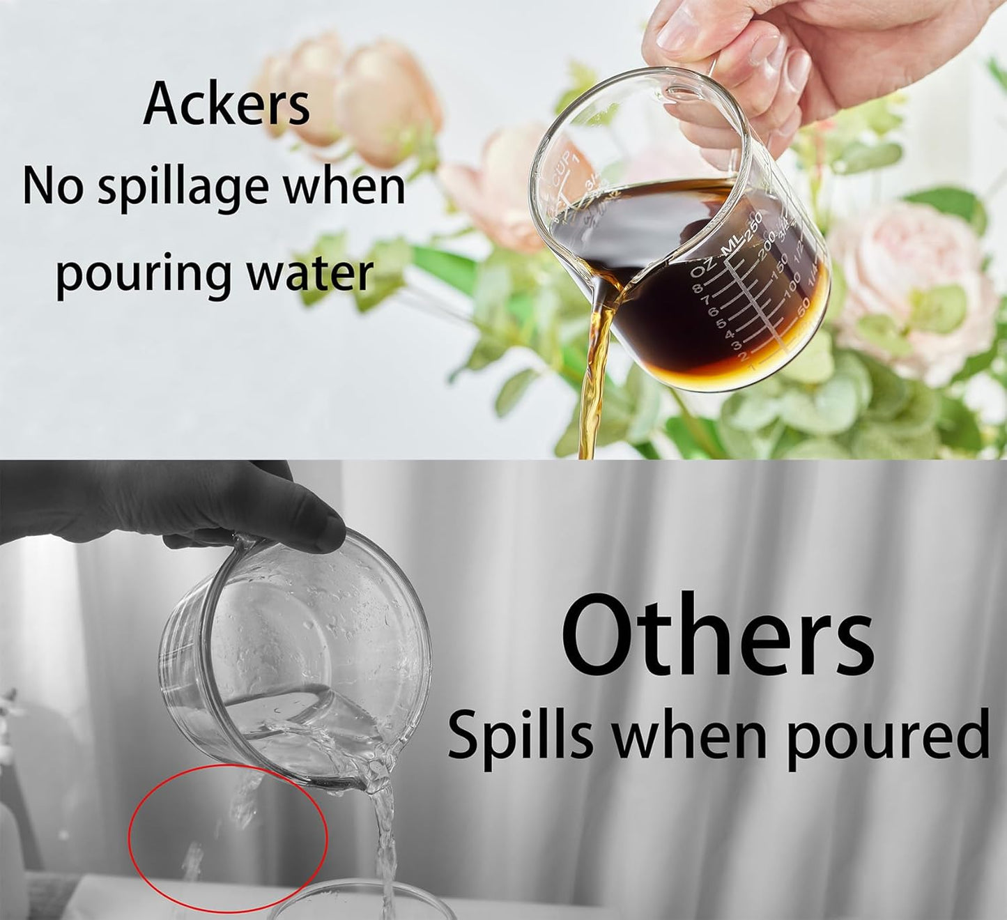 Ackers Mirror Scale Glass Measuring Cup-[Insulated handle | V-Shaped Spout]-Made of High Borosilicate Glass Measuring Cup for Kitchen or Restaurant, Easy to Read, 250 ML (8 Oz, 1 Cup)