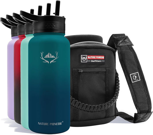 NATURE PIONEOR Insulated Water Bottles with Straw - 32oz Stainless Steel Vacuum Bottle with Holder/Carrier/Sleeve - Reusable 18/8 Food Grade 32 oz Water Jug