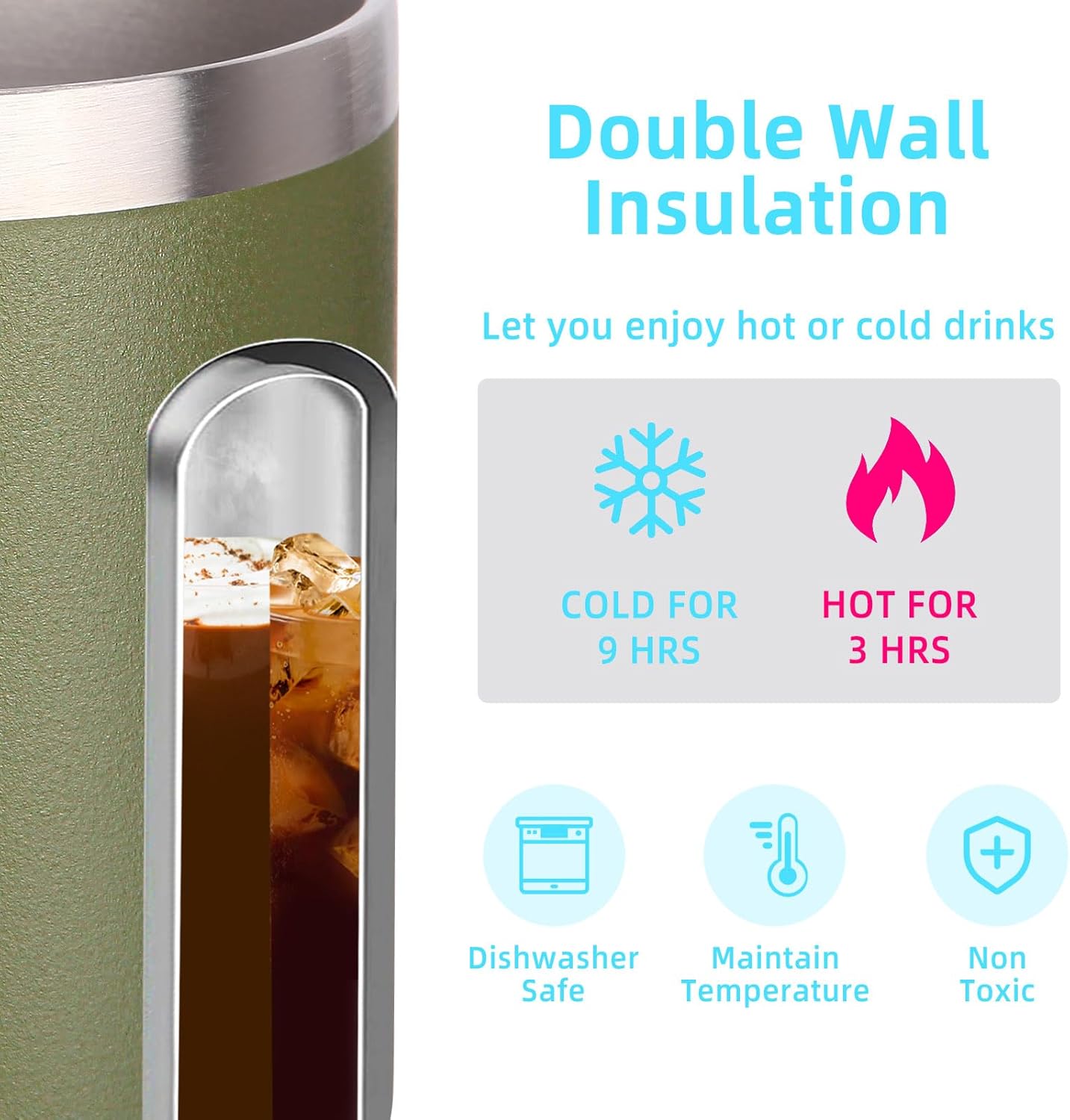 Volhoply 14oz Insulated Stainless Steel Coffee Mug with Lid Bulk 2 Pack,Double Wall Vacuum Travel Coffee Cup with Handle,Reusable Cups Tumbler,Camping Mugs Keep Hot,Ideal Gifts(Army Green,2)