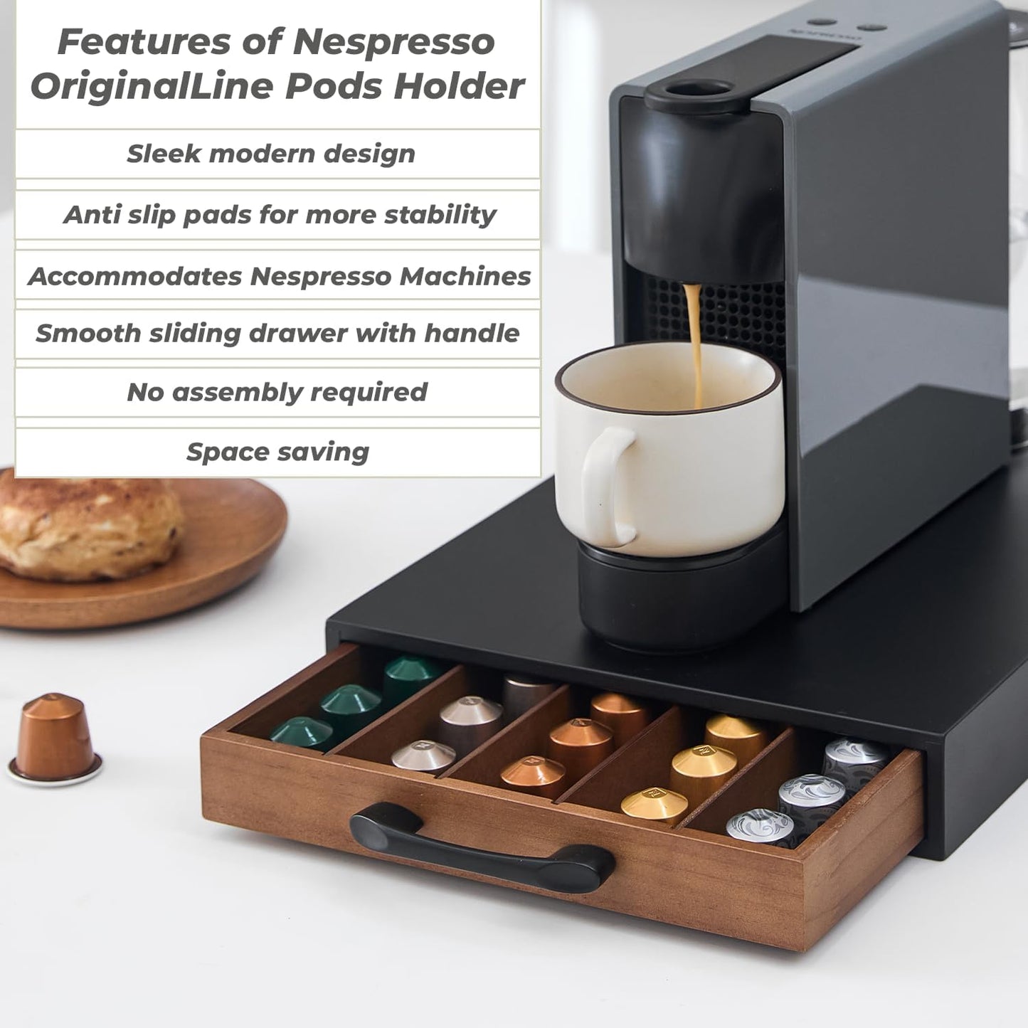 Coffee Pod Holder Compatible with Nespresso OriginalLine Capsules – 50-Pod Acacia Wood Drawer Organizer with Anti-Slip Base – Space-Saving Coffee Capsule Storage for Espresso Stations & Countertops