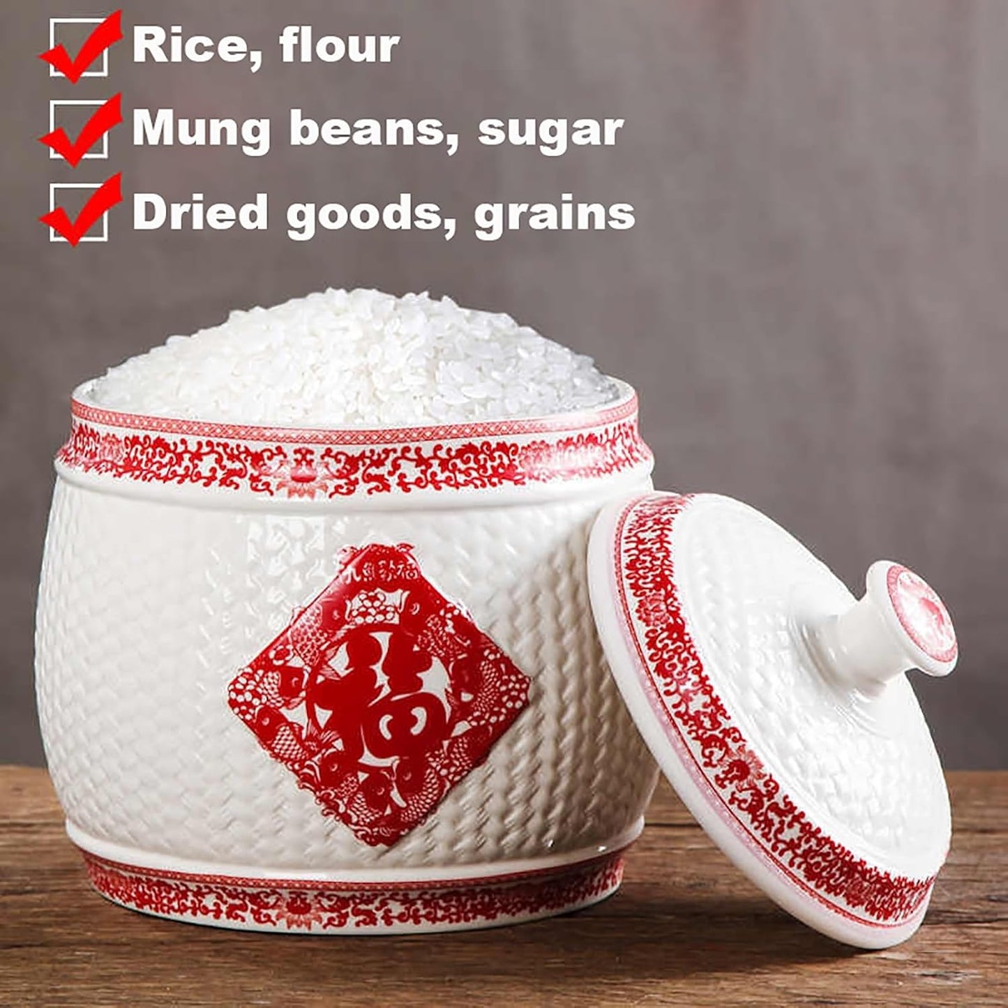 Chinese Sealed Large-Capacity Rice Pot, Ceramic Rice Bucket With Tassel Design, Grain Storage Ceramic Container, Rice Dispenser Airtight Storage Bucket For Grains Snacks Candy Coffee Beans Food(F,Capa