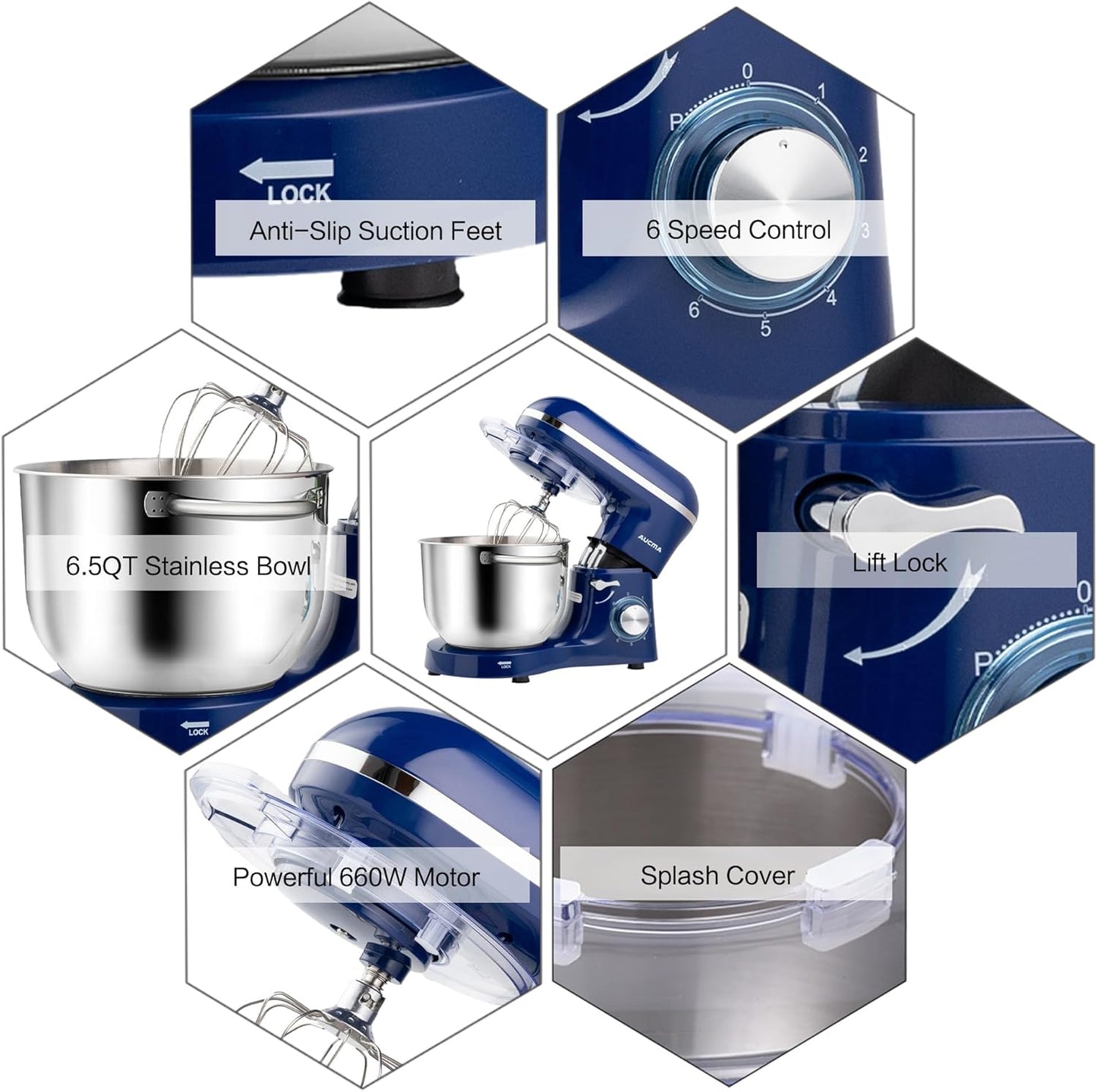 Aucma Stand Mixer,6.5-QT 660W 6-Speed Tilt-Head Food Mixer, Kitchen Electric Mixer with Dough Hook, Wire Whip & Beater (6.5QT, Royal Blue)