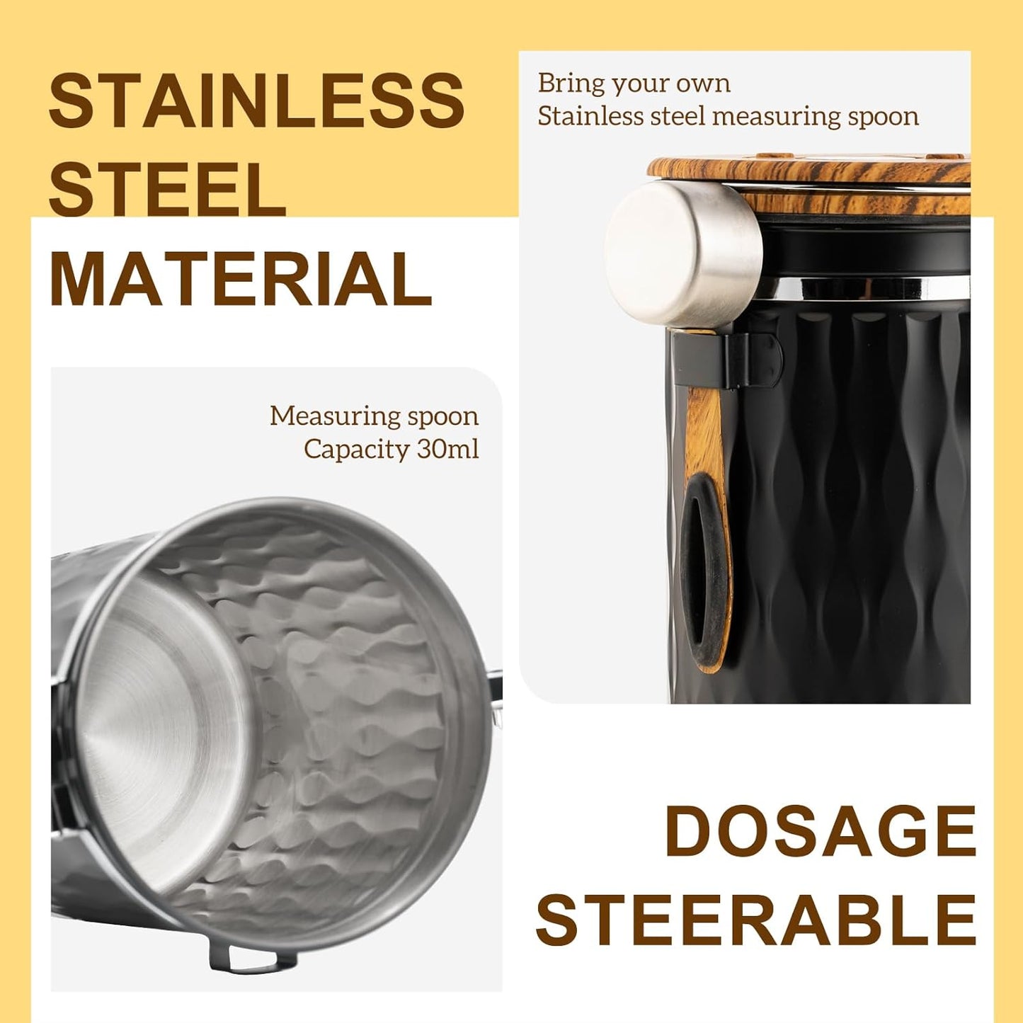 TEDSWAIT Coffee Container with Sealed Cantilever Lid and Scoop, Airtight Stainless Steel Kitchen Food Storage Canister with Date Tracker, 1.8L (Black)