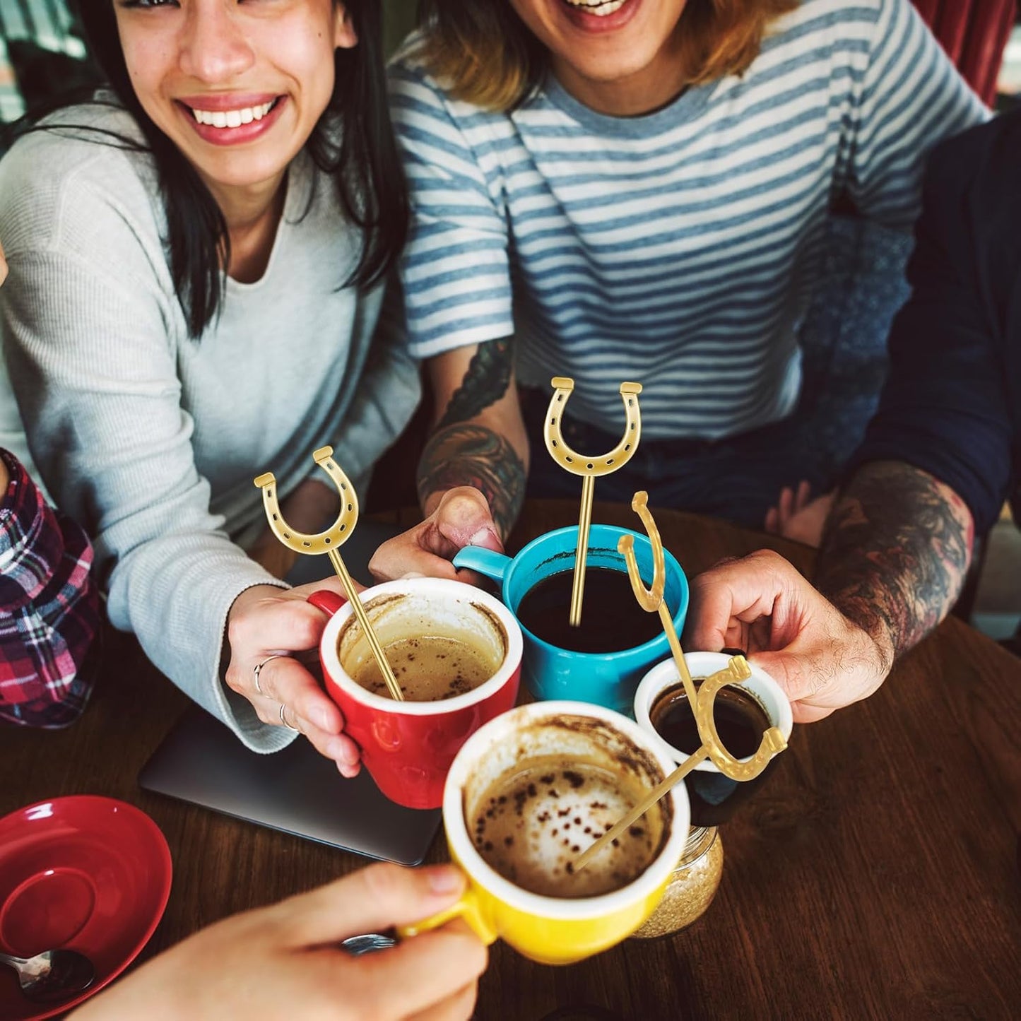 6 Inch Derby Drink Plastic Stirrers Swizzle Sticks for Cocktails Coffee Reusable U Shaped Horseshoe Drink Stirrers for Coffee Beverage Party Bar Weddings Events(Gold,60 Pcs)