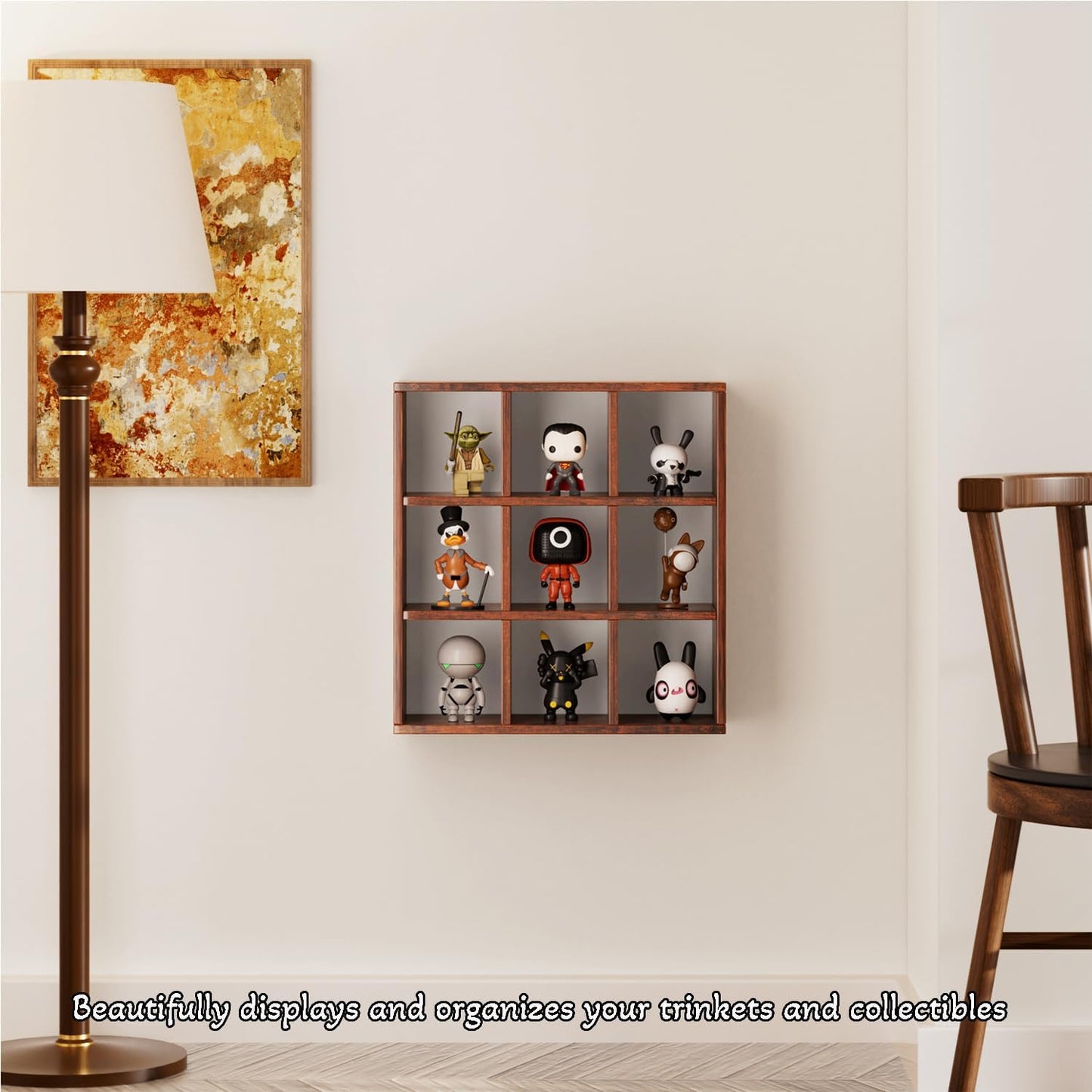 Helsin 9 Grid Vintage Coffee Mug Display Rack, 16inch Wall Mounted Wooden Curio Shadow Box Shelf, Cup Floating Shelves Display and Organizer (Bronze)