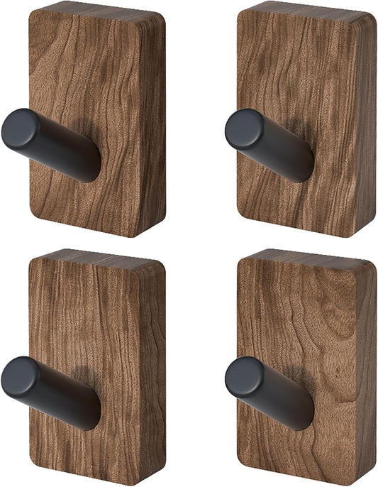 4 PCS Black Walnut Wood Wall Hooks, Adhesive Mounted & Wall Mounted Rustic Decorative Entryway Hooks, Mid Century Modern Natural Wooden Pegs for Hanging Coat Clothes Hat Bag Purse and Towel