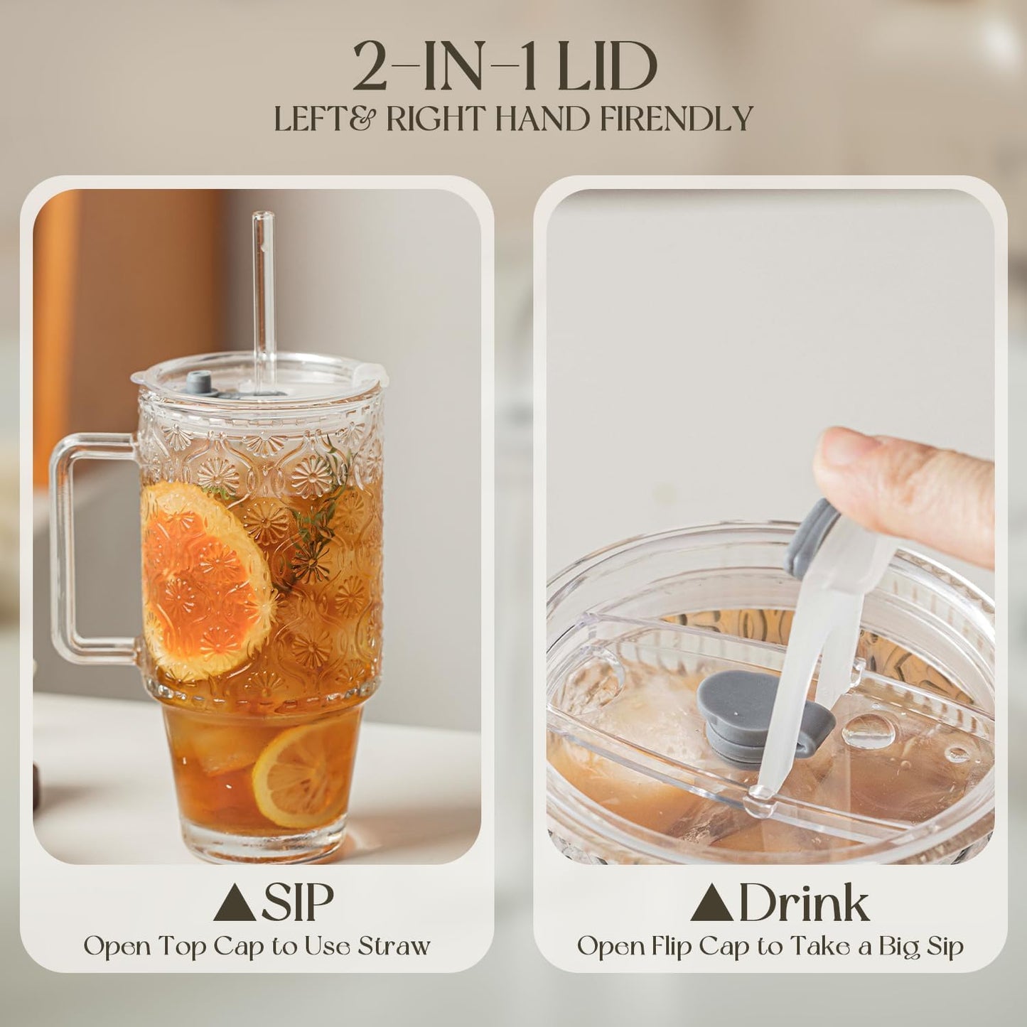 KEMORELA 6-Pack 24oz Glass Tumblers with Straws & Lids, Begonia Floral Iced Coffee Cups with Handles, Reusable Smoothie Glasses, Dishwasher Safe Cold Drinkware Set, BPA-Free Straws Included