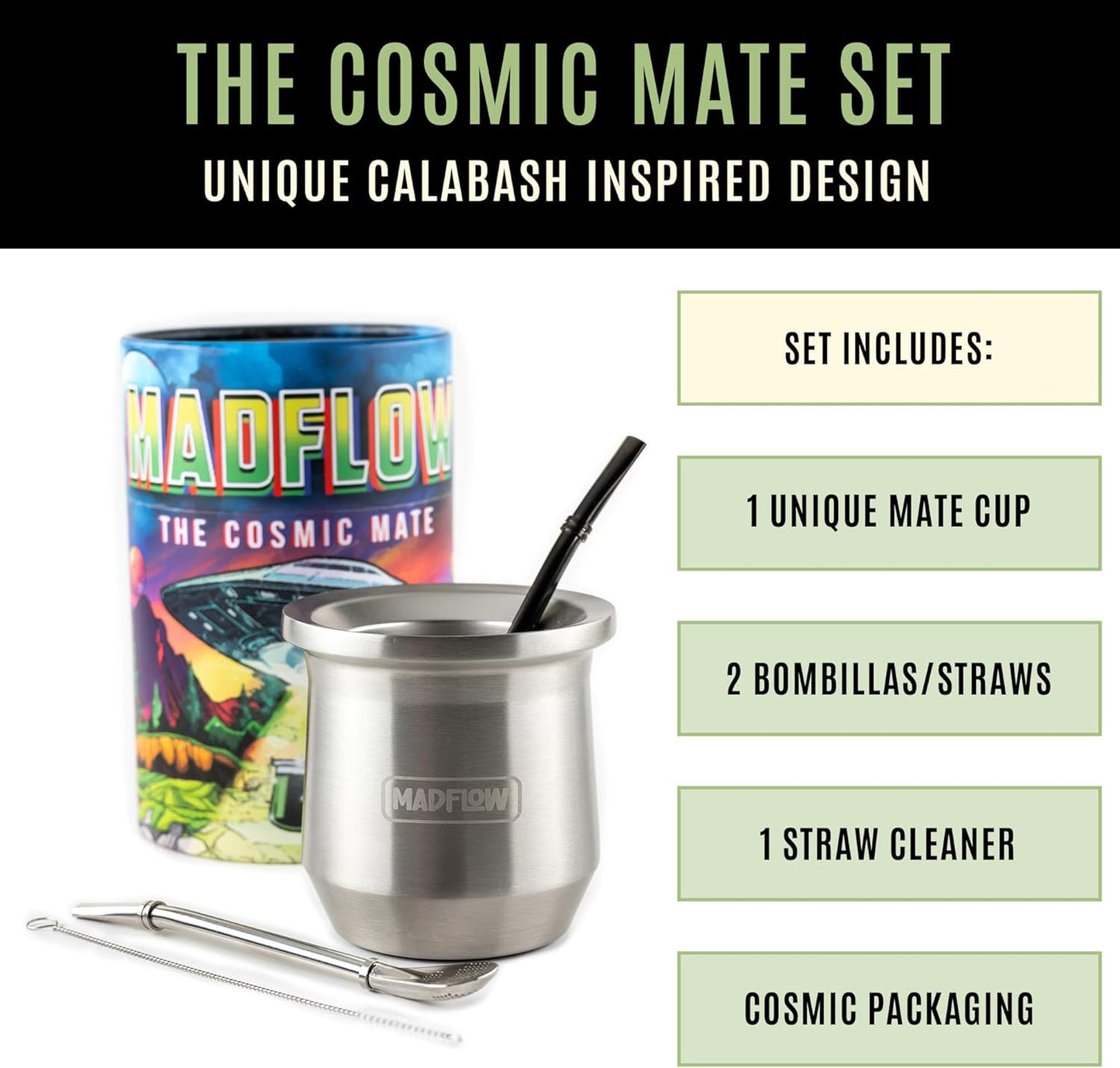 MADFLOW Yerba Mate Cup. Stainless Steel Mate Cup with 2 Bombillas. Double Wall Vacuum Insulated Yerba Mate Gourd. Unique Mate Cup And Bombilla Set