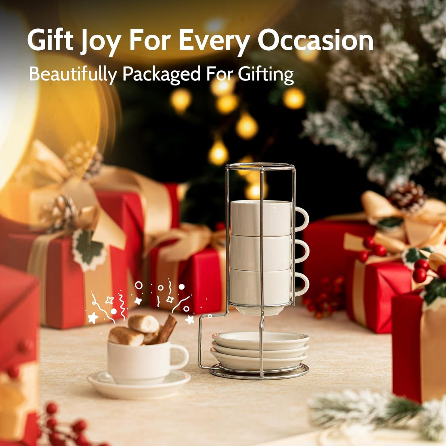 Sweese 4 Ounce Porcelain Stackable Espresso Cups with Saucers and Metal Stand Set of 4, White