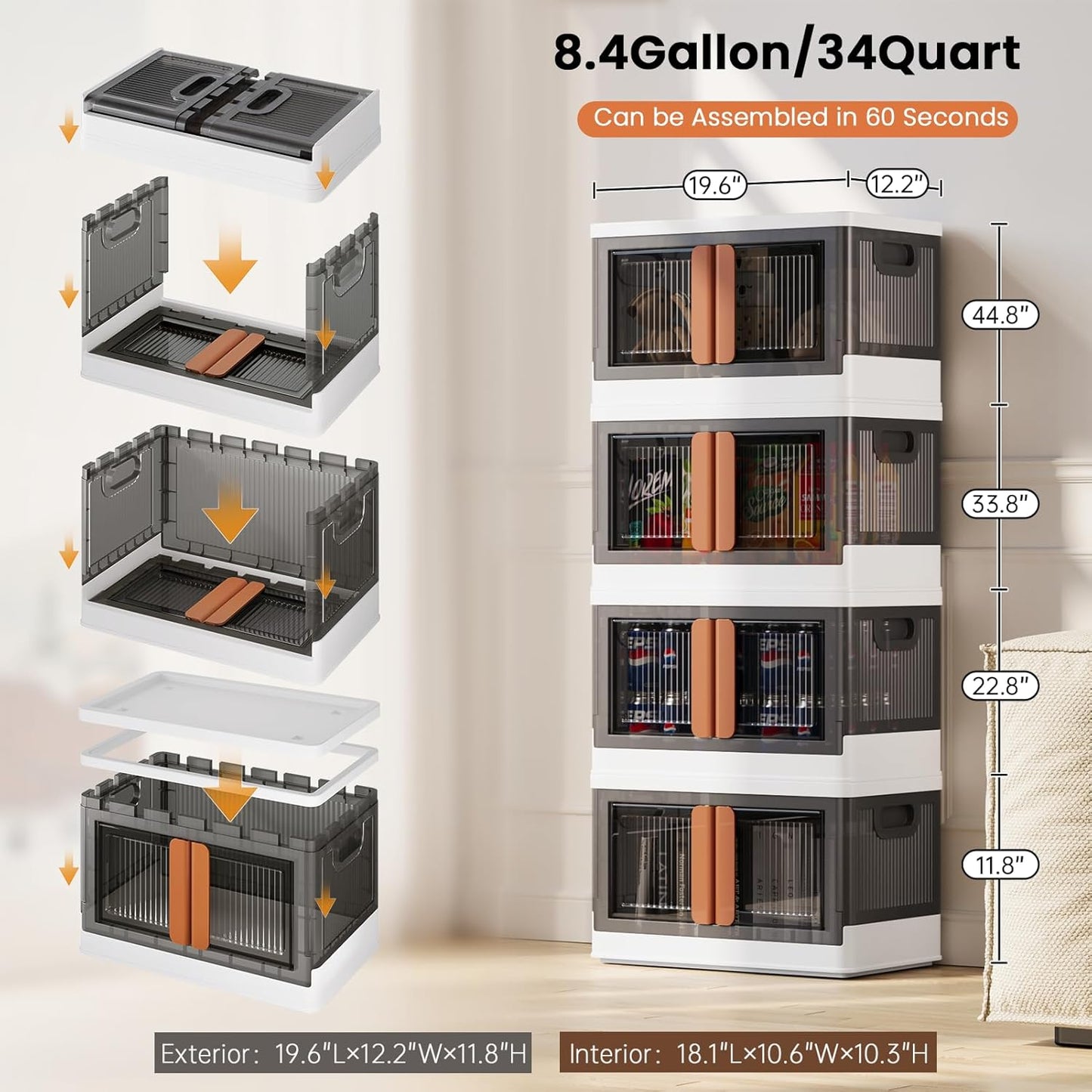 8.4Gal Collapsible Storage Bins with Lids & Wheels - 2 Pack Stackable with Doors, Heavy-Duty Plastic Containers for Home/Office, White
