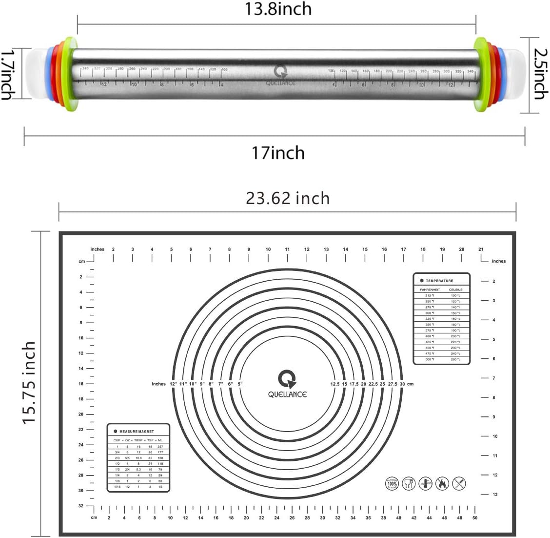 Rolling Pin and Pastry Baking Mat Set, Rolling Pins with Adjustable Thickness Rings, Stainless Steel Dough Roller for Baking Fondant, Pizza, Pie, Pastry, Pasta, Cookies (Black Mat)