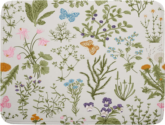 Wild Flowers Plant Dish Drying Mats for Kitchen Counter 16x18 Inch,Sage Herbs Kitchen Drying Mat,Botanical Plant Dishes Pad Dish Drainer Rack Mats Absorbent Fast Dry Kitchen Accessories