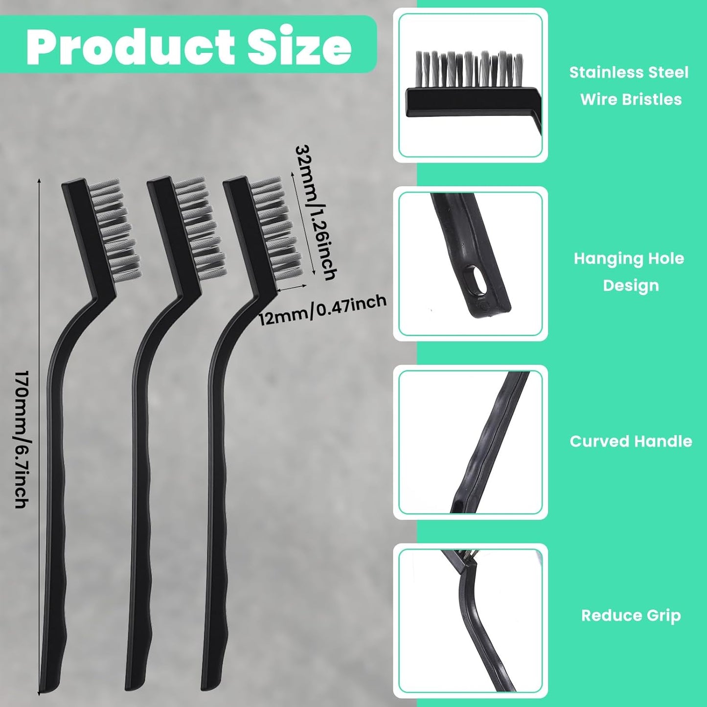 60 Pcs Mini Wire Brush Set Stainless Steel Wire Bristle Small Metal Scratch Brush for Cleaning Curved Handle Masonry Welding for Cleaning Welding Slag and Rust Tool, Black, 6.7 Inches