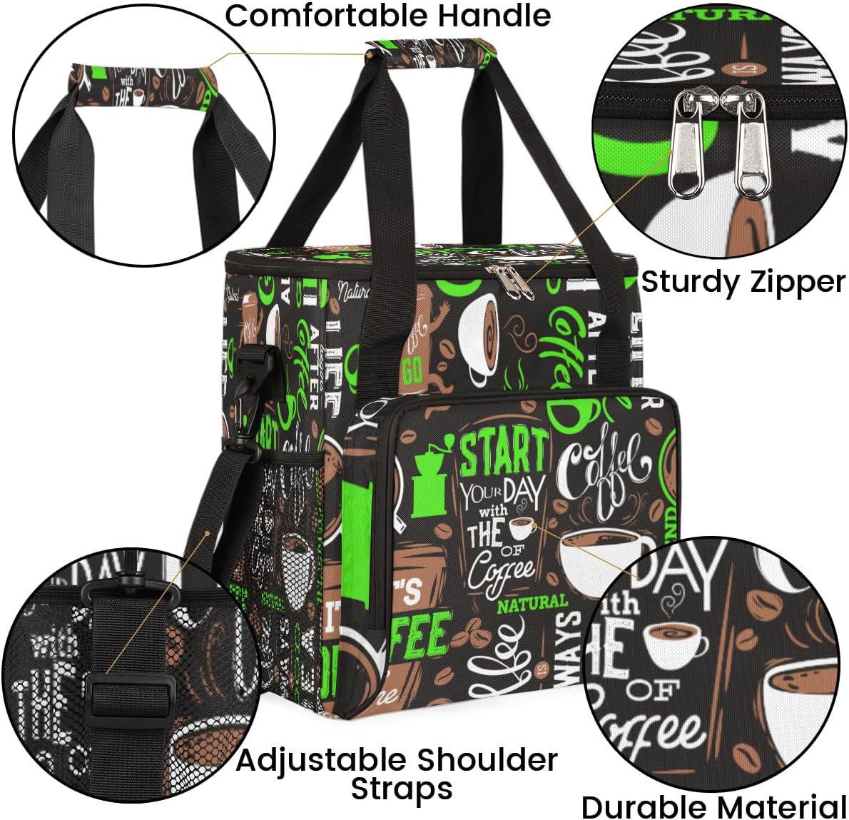 Green Start Your Day Coffee Coffee Maker Carrying Bag, Coffee Machine Travel Storage Bag Compatible with K-Mini or K-Mini Plus, Portable Single Serve Coffee Brewer Case with Pockets for K-Cup Pods