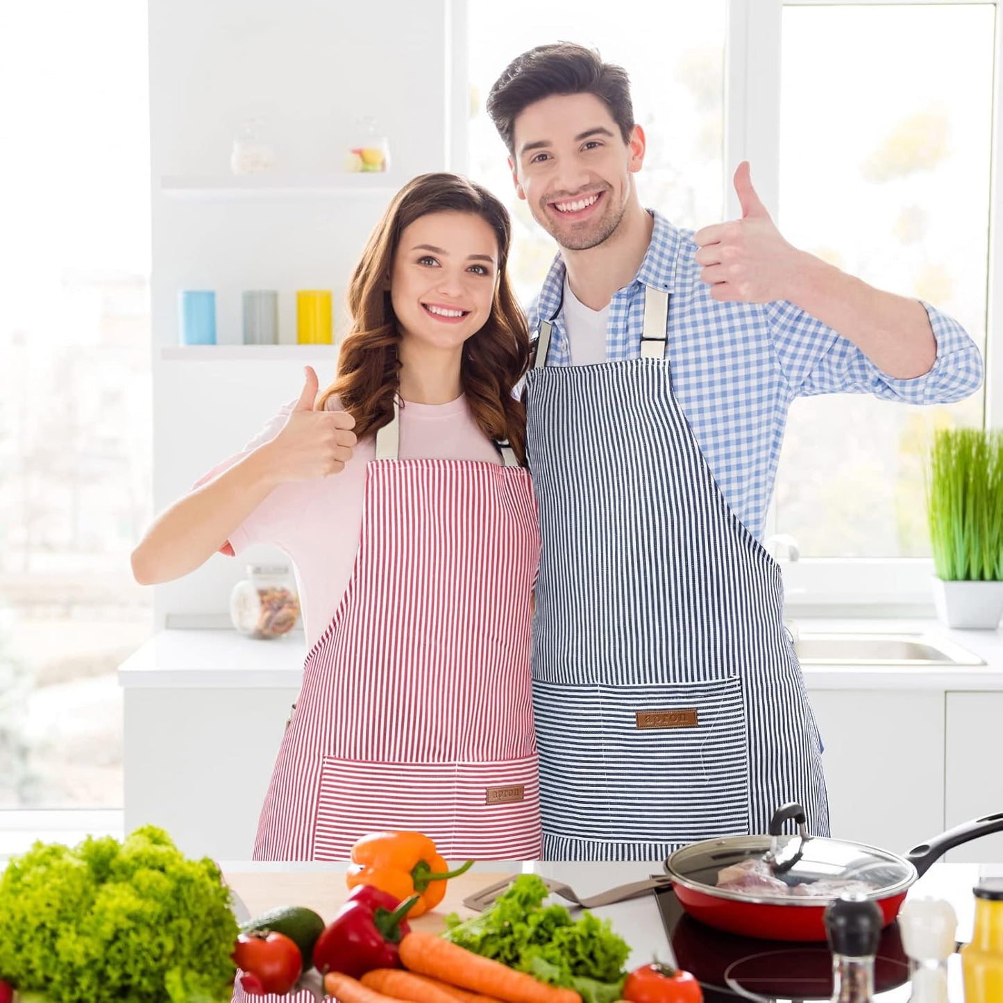 Handepo 4 Pcs Kitchen Cooking Aprons with Pockets Adjustable Waterproof Baking Apron for Women Men, Chef,BBQ, Christmas Gift