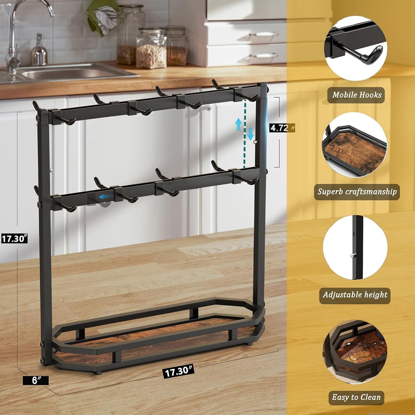 Coffee Mug Holder with Movable Hooks,16 Capacity Coffee Cup Holder for Countertop, Metal Mug Tree Holder Rack with Storage Base,Home Storage Mug Organizer adjustable Heights (Black)