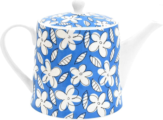 Romero Britto Bone China Coffee & Tea Pot, 28.7 oz, Blue Flowers, Floral Artwork Design
