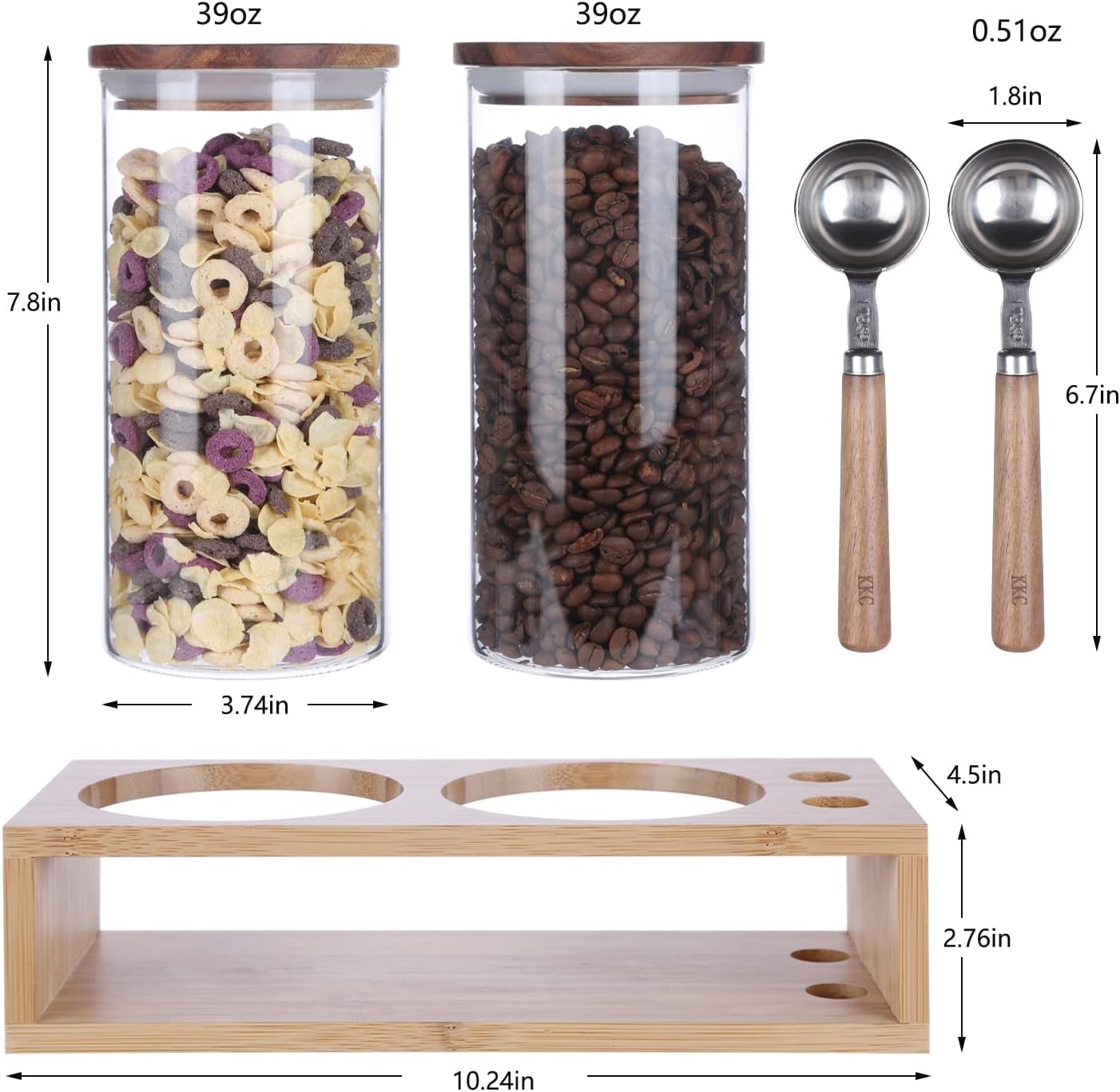 KKC HOME ACCENTS Air Tight Glass Coffee Tea Containers with Spoons for Coffee Beans,Loose Tea,Ground Coffee,Matcha,Glass Canisters with Airtight Lids and Scoops,39 Fl oz