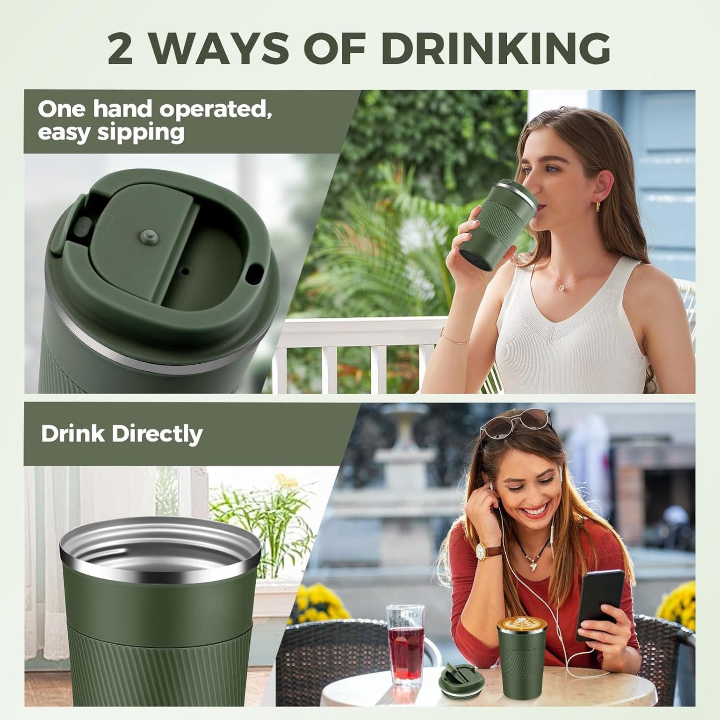 Volhoply 13 oz Stainless Steel Insulated Travel Coffee Mug with Fip Lid,Reusable Double Wall Vacuum Metal Coffee Cup,Portable to Go Leak Proof Cafe Thermal Tumbler for Hot & Cold Drinks(Army Green,1)