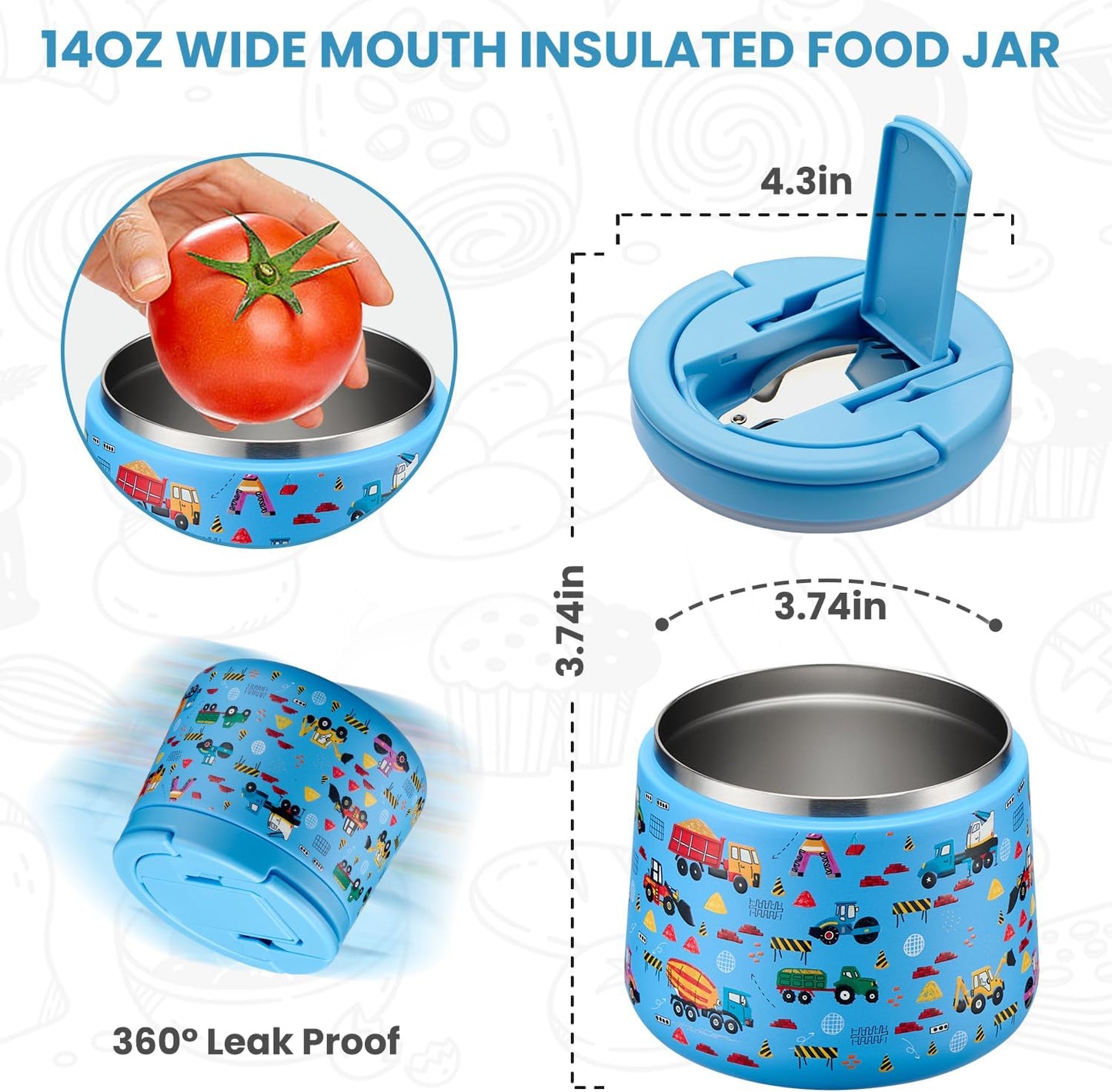 Soup Thermo for Hot Food Kids 14oz Lunch Containers with Buckle Lid Wide Mouth Hot Food Jar Vacuum Insulated Stainless Steel Bento Box Leakproof with Spoon (Truck)