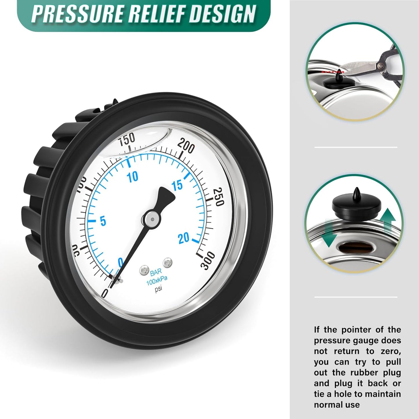 0-300PSI Stainless Steel Liquid Filled Pressure Gauge, 2.5" Dial Size, 1/4" NPT Back Mount, with Rubber Protective Sleeve, for Tube, Water Pump, Gas, Liquid, Pressure Test
