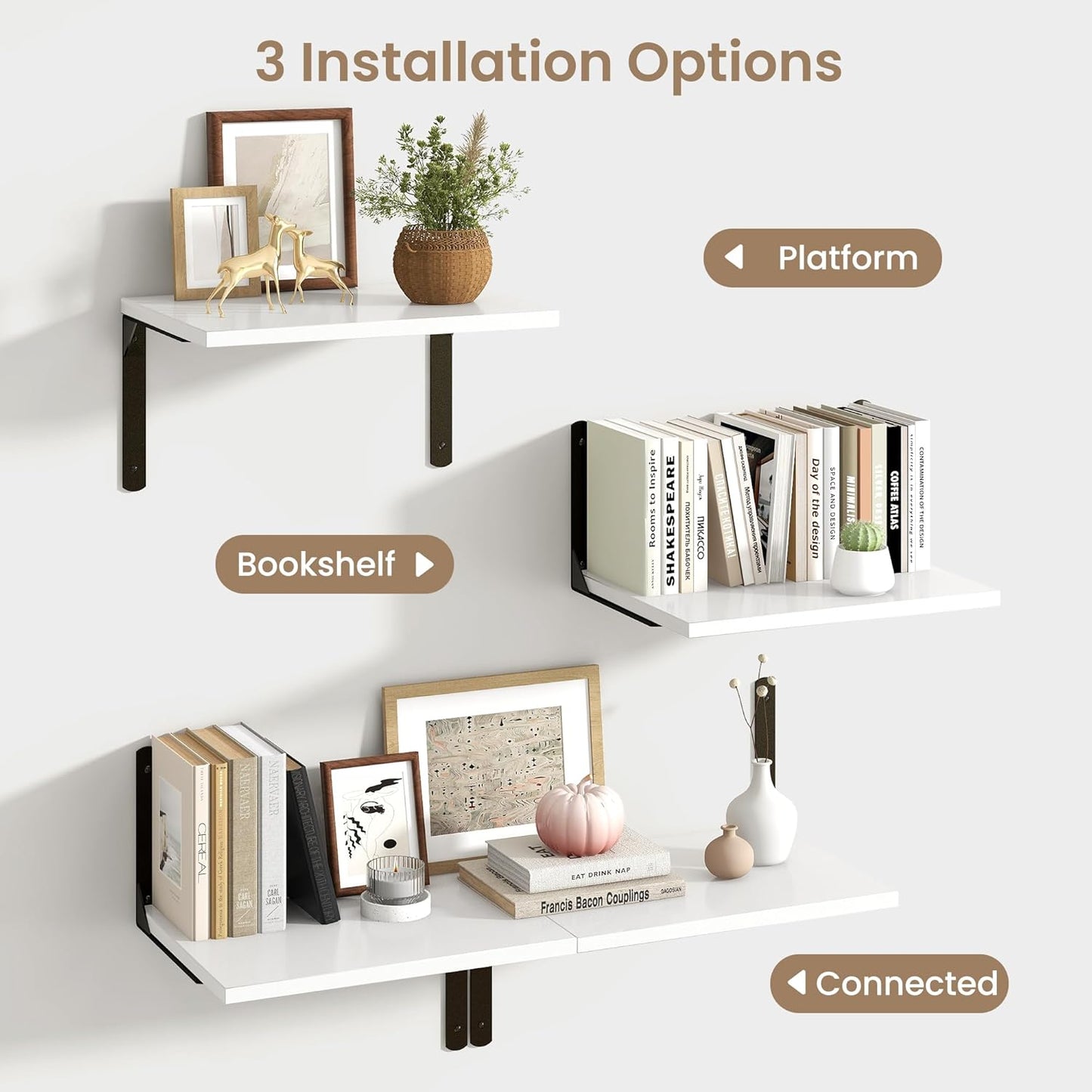 Fun Memories Floating Shelves for Wall, 12 Inch Deep Floating Shelves Set of 2, Wall Mounted Shelf with Metal Brackets, Rustic Wood Wide Shelf for Bathroom, Kitchen and Living Room, White, 16W x 12D