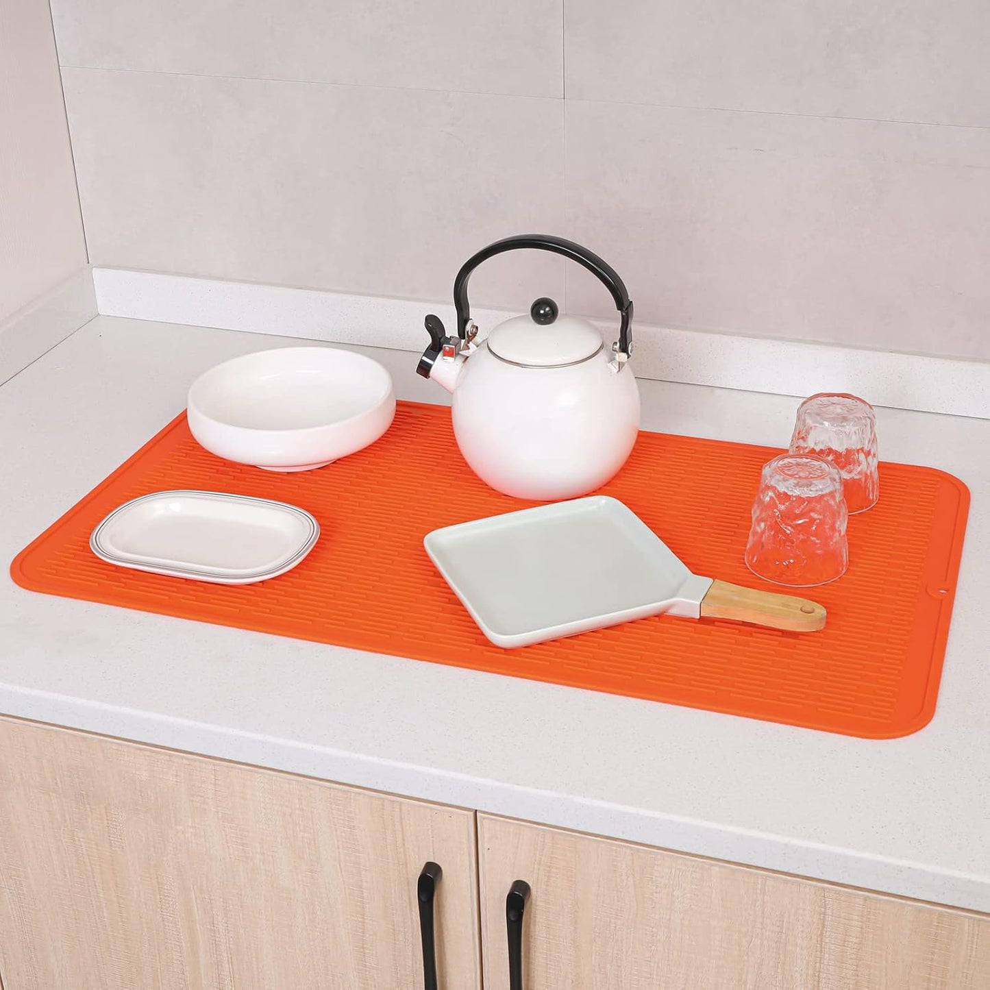 Silicone Dish Drying Mat for Multiple Usage,Easy clean,Eco-friendly,Heat-resistant Silicone Mat for Kitchen Counter or Sink,Refrigerator or Drawer Liner Orange 4XL 32 inches x 18 inches