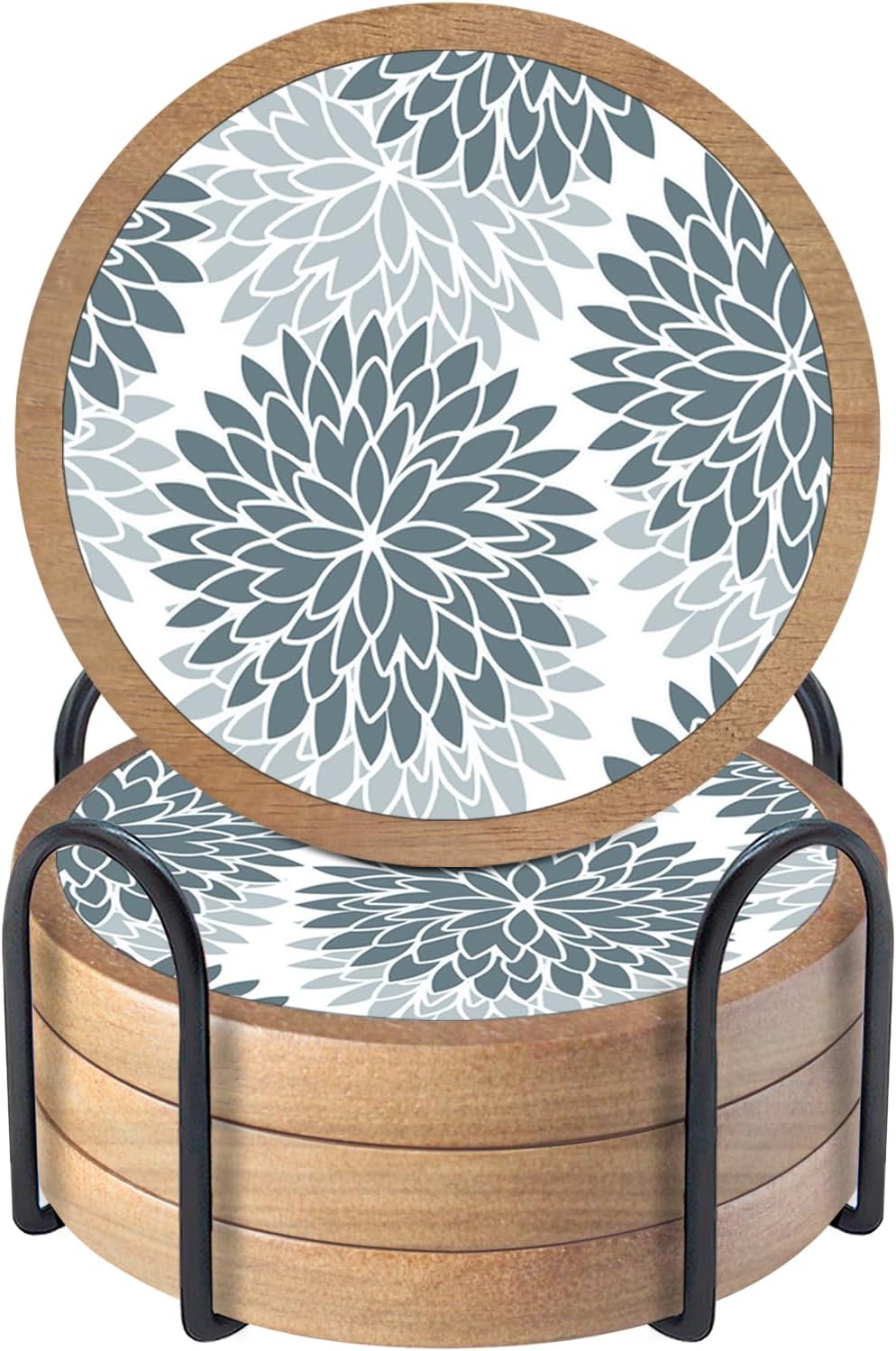 Wood Coasters Set of 4 with Holder, Cewiru Cup Mat for Drinks, Absorbent Coasters with Felt Insert for Coffee Table Protection, Modern Style Home Dining Table Decor, 4.3" Grey