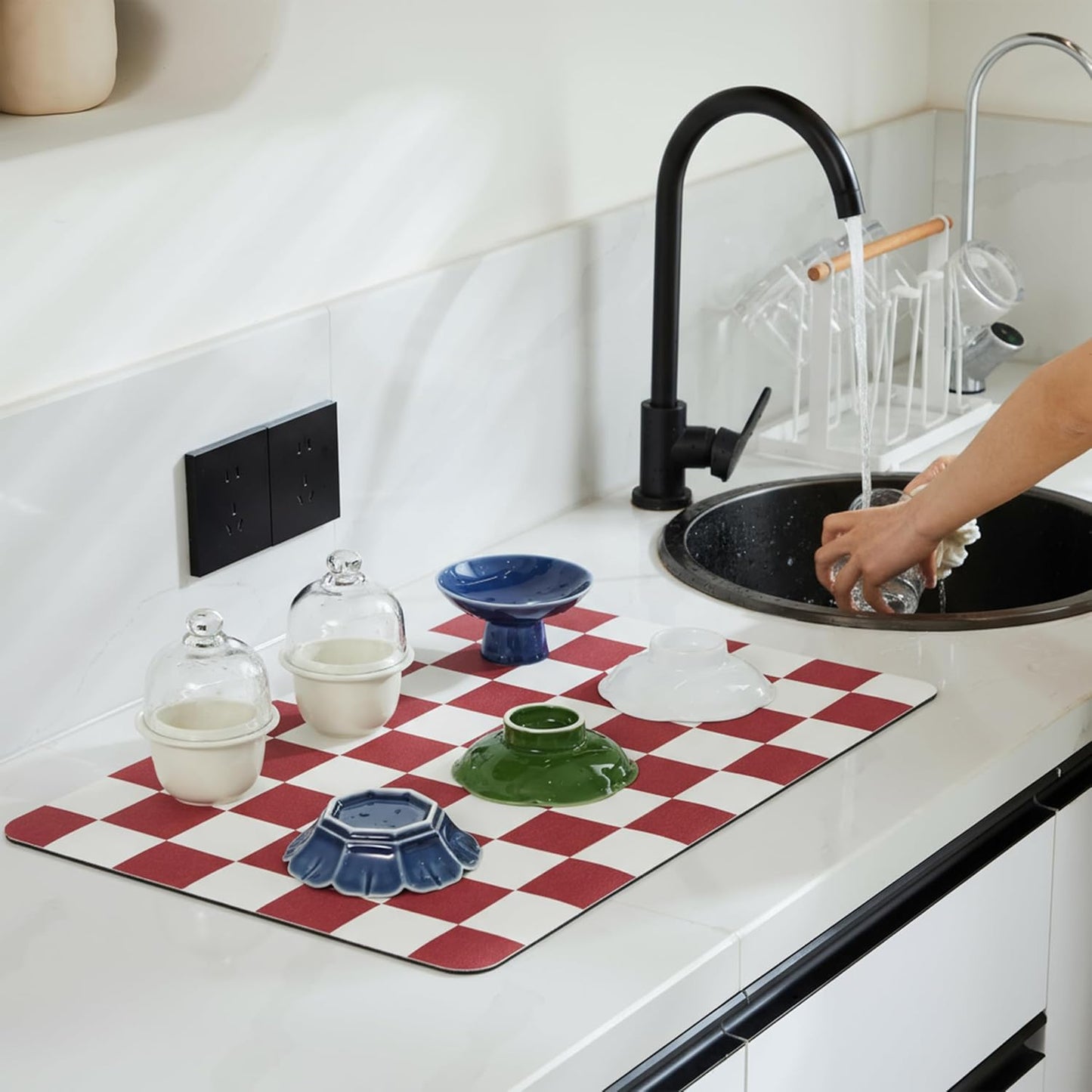 Checkered Dish Drying Mat for Kitchen Counter, Coffee Bar Station Accessories, Retro Cute Aesthetic Modern Absorbent Drainer Mat Kitchen Drying Mat Easy Clean (Red, 24" x 16")