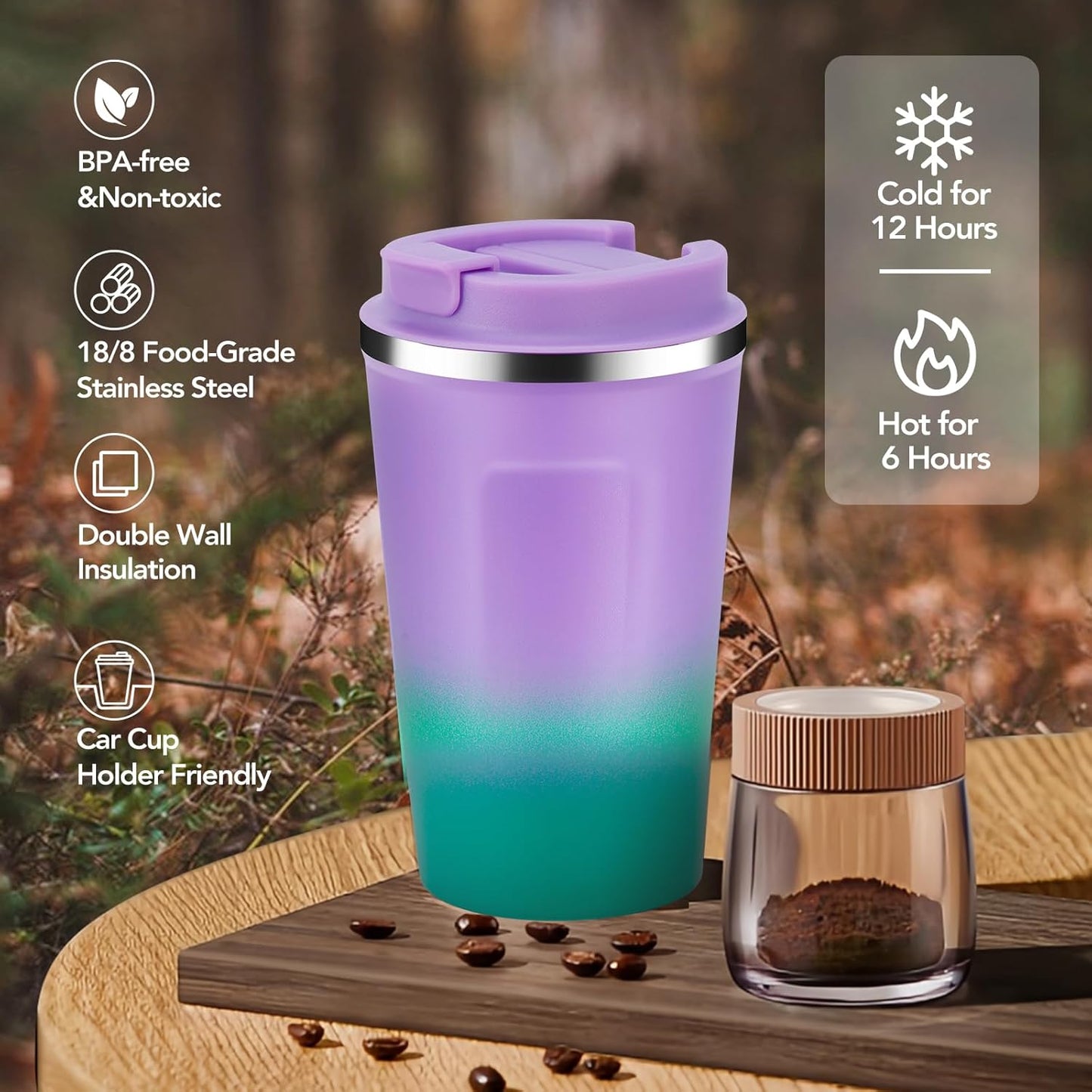 Volhoply 12 oz Double Wall Insulated Vacuum Travel Coffee Mugs with Flip Lid Bulk 2 Pack,Reusable Stainless Steel Leak Proof Coffee Cup,Portable Cafe Thermal Tumbler for Hot & Cold Drinks(Mix,2 Set)