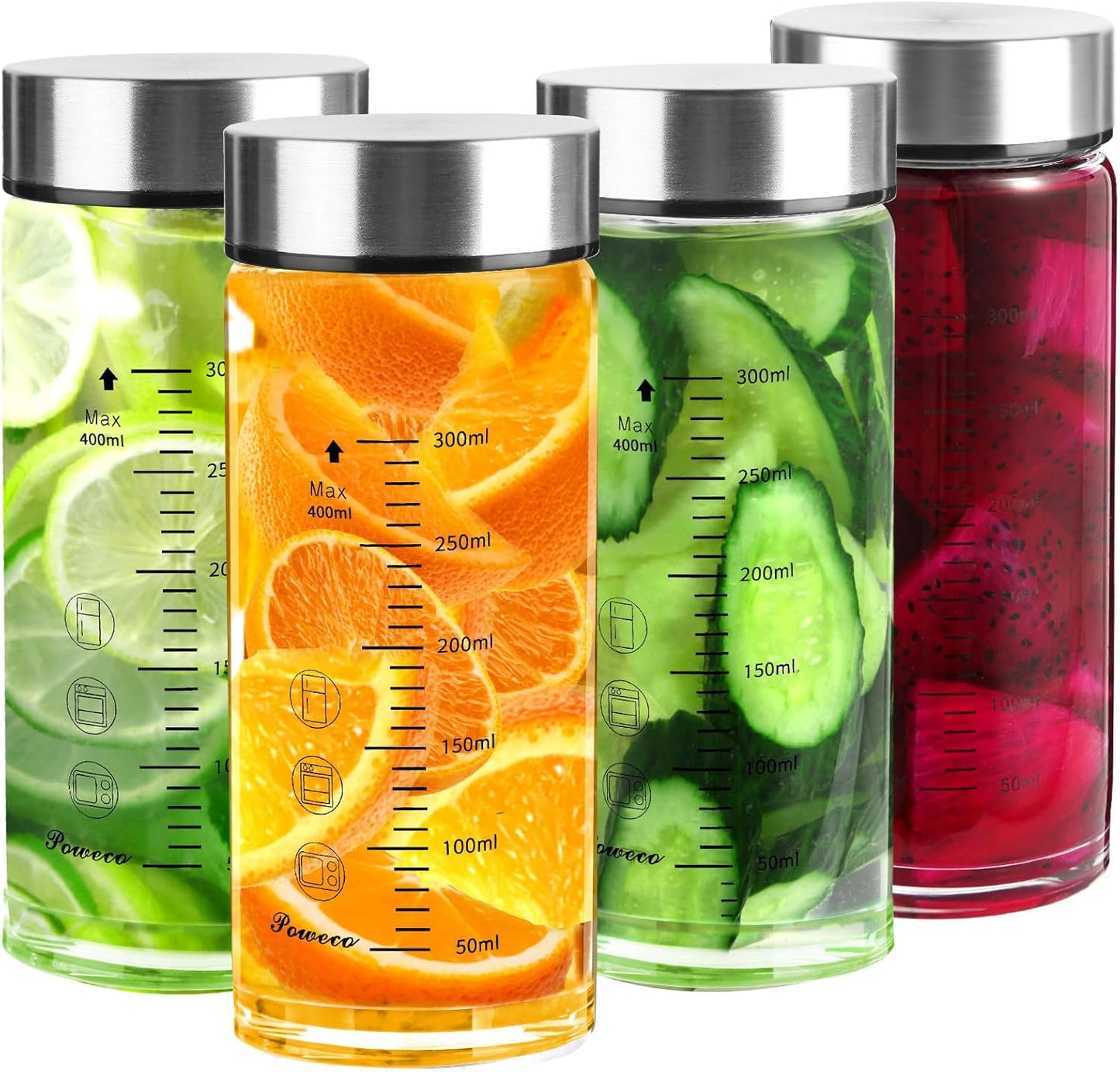 Glass Juice Bottles 4 Pack 12 oz - Wide Mouth Glass Water Bottles with Lids - for Juicing, Protein, Smoothie, Milk, Reusable, BPA Free, Stainless Steel Lids, Blender, Shaker Bottle (12oz/400ml)