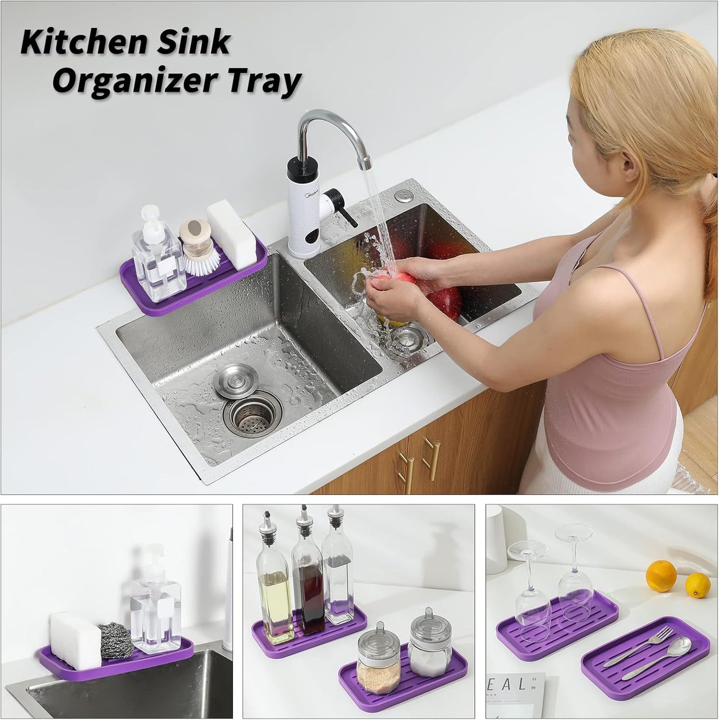 Silicone Kitchen Sink Organizer Tray for Multiple Usage,Eco-Friendly Sponges Holder for Kitchen Bathroom Counter or Sink,Dish Soap Dispenser,Scrubber,Bottle,Cup (Purple, 10"×5.3")